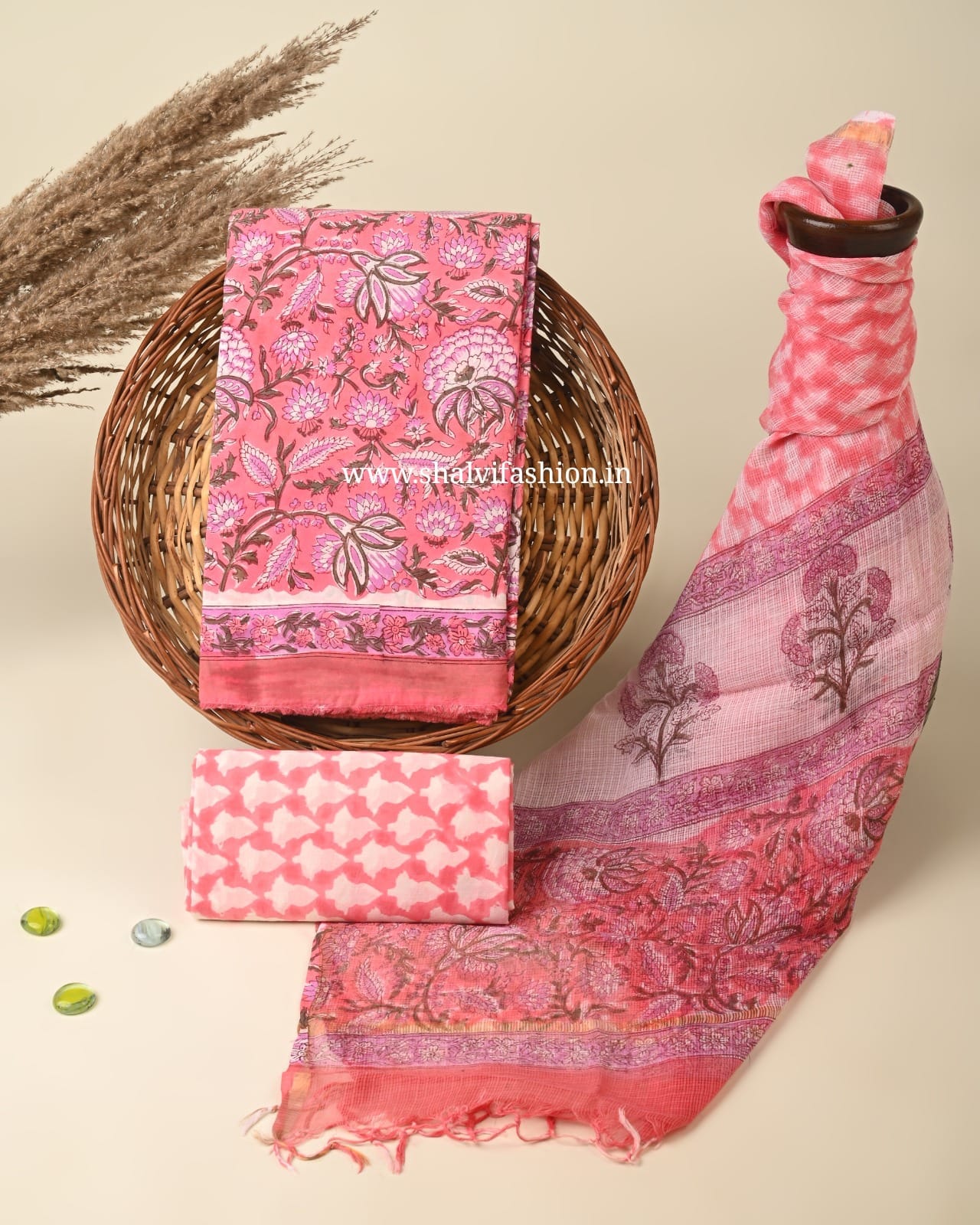Pink Jaal Print Cotton Suit Set with Kota Doria Dupatta (3CKD449)
