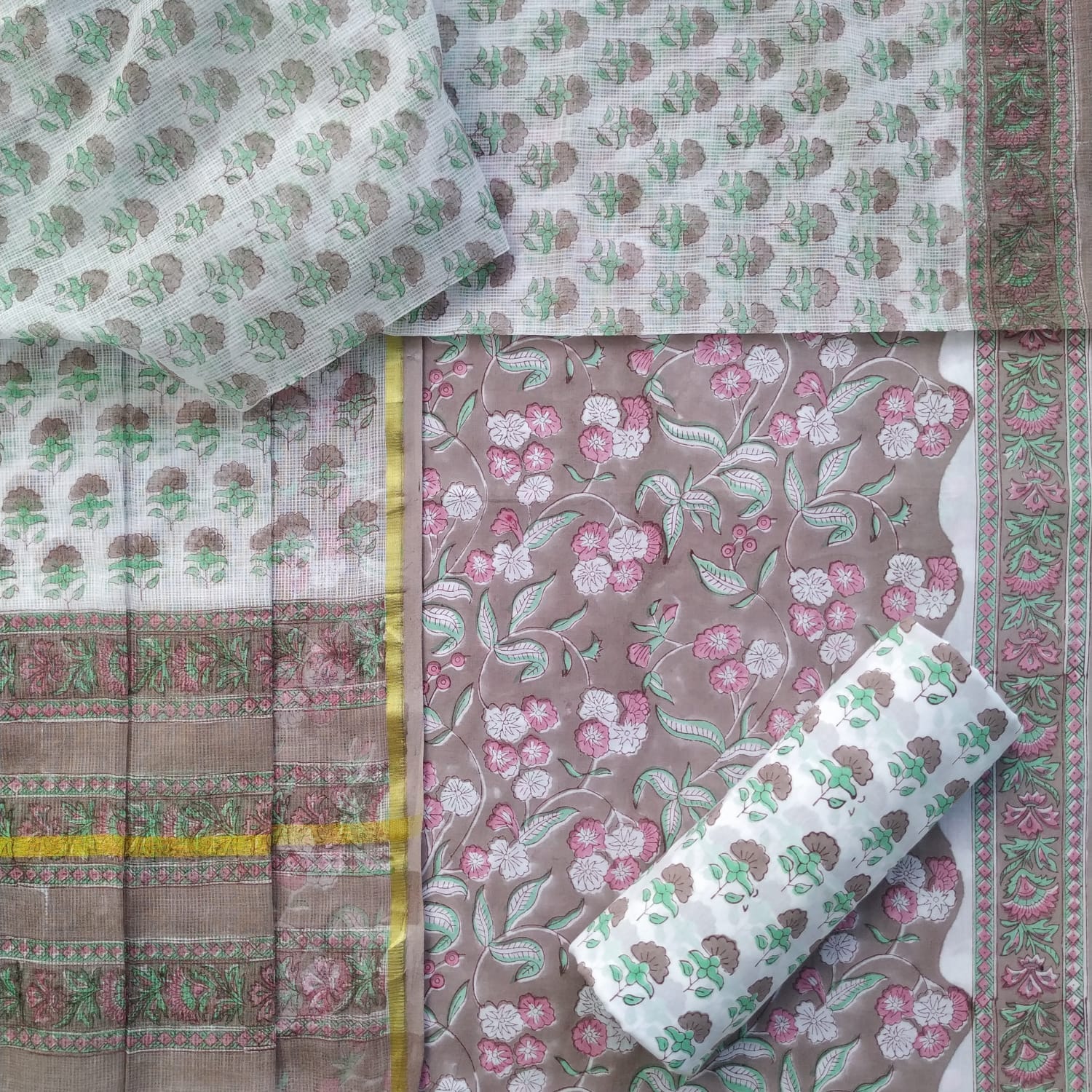 Shop Unstitched Hand Block Print Pure Cotton Suits with Kota Doria Dupatta