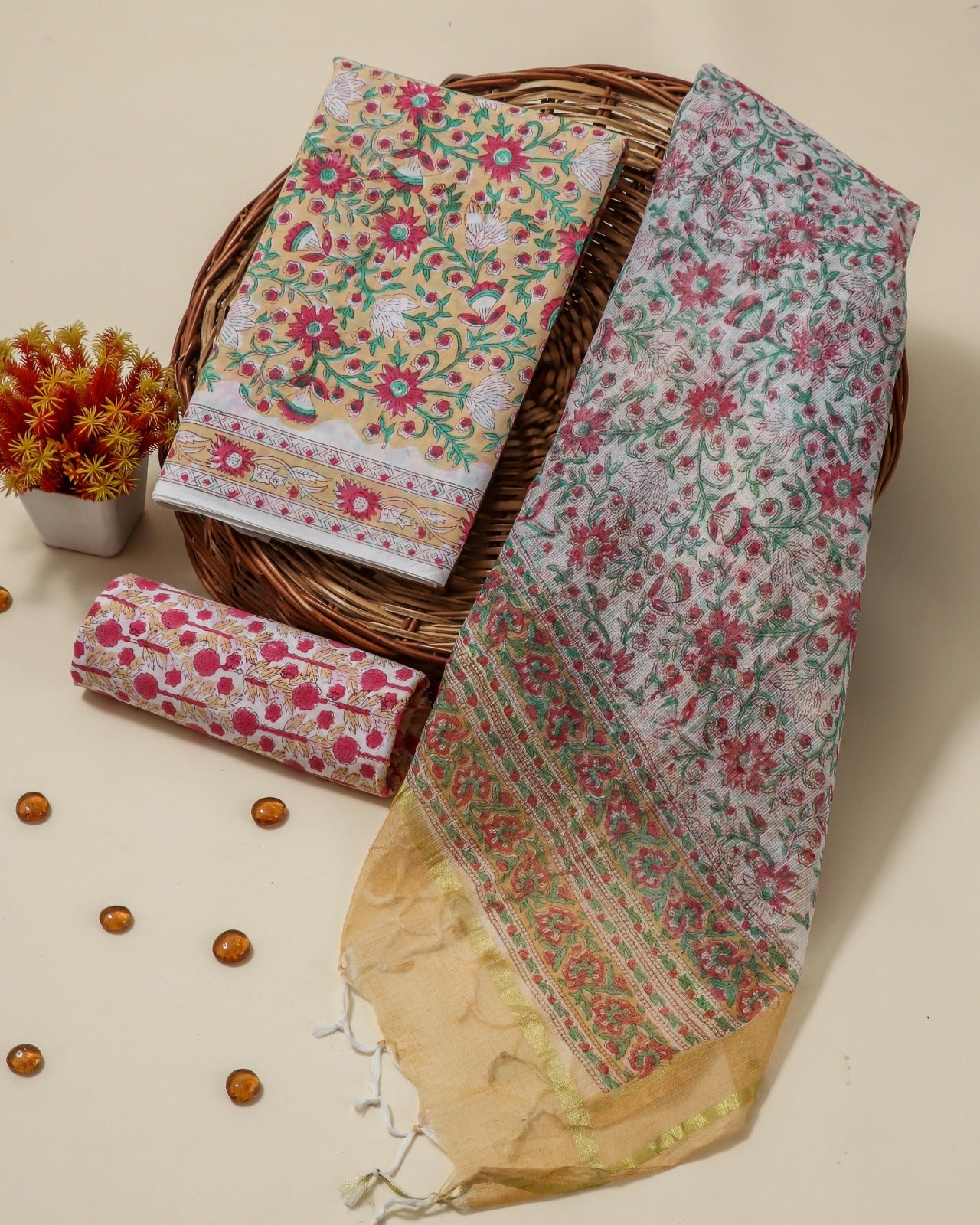 Shop hand block printed cotton suits with kota dupatta (3CKD47)