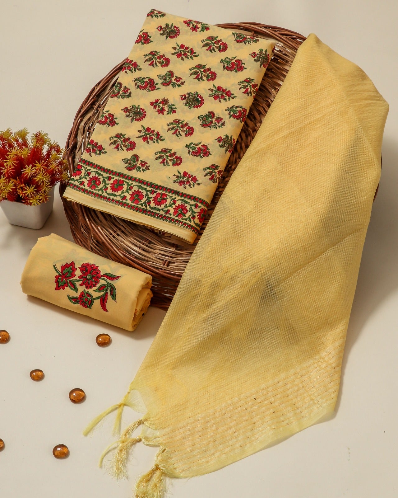 Shop block print cotton suits with viscose kota doria dupatta (3CKD52)