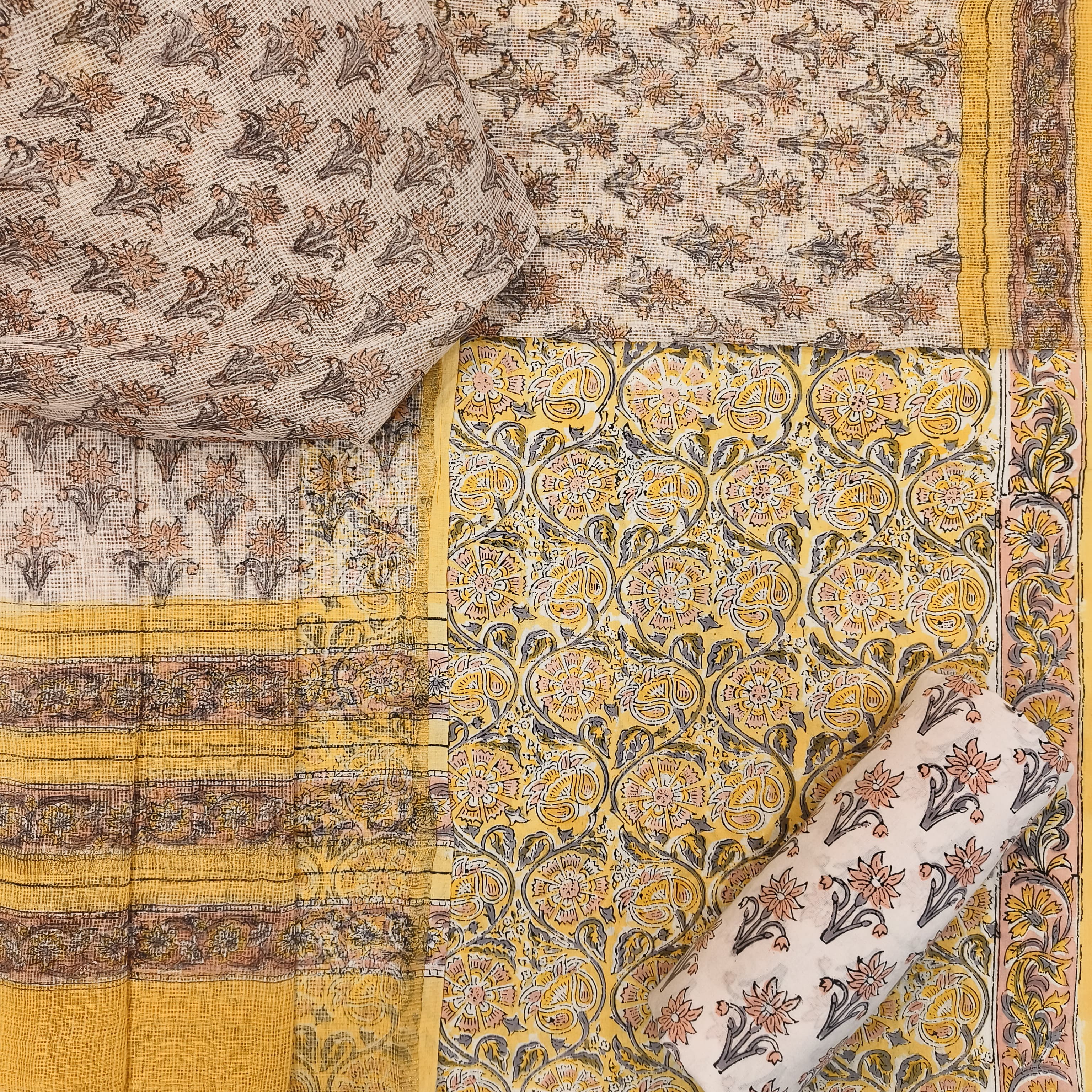 Shop unstitched hand block print cotton suit sets with kota dupatta (3CKD693)