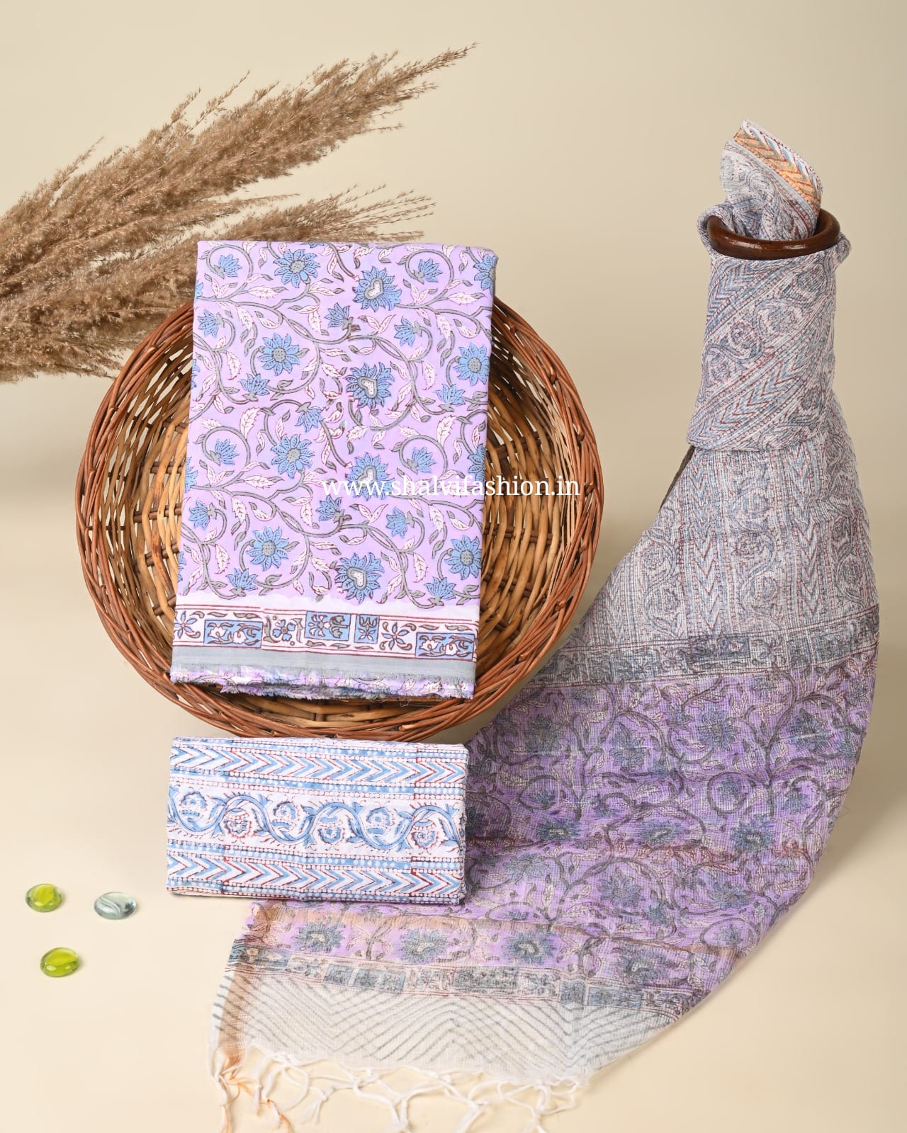 Shop hand block print cotton suits with kota doria dupatta (3CKD764)