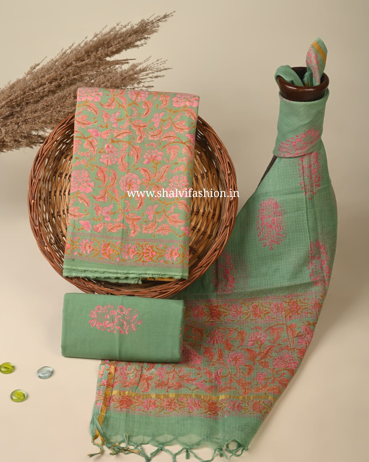 Shop unstitched block print cotton suits with kota doria dupatta (3CKD769)