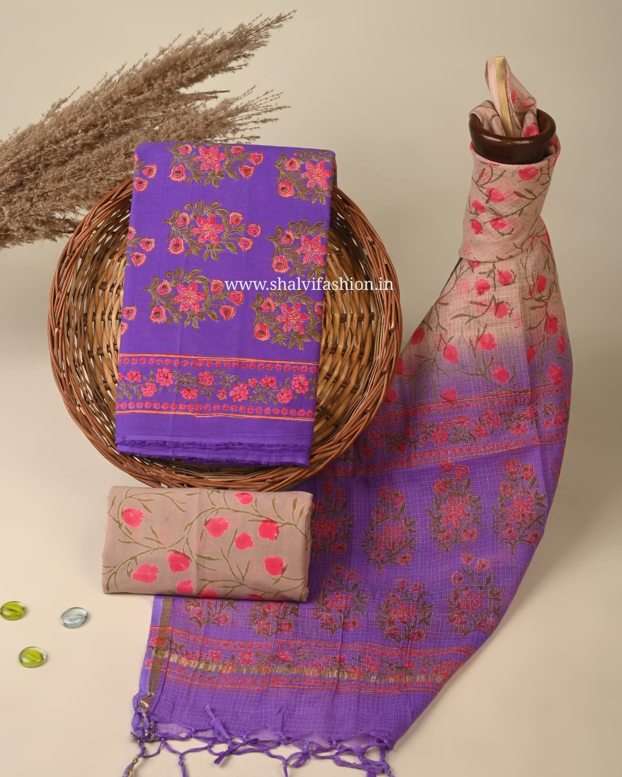 Shop hand block printed cotton suits with kota doria dupatta (3CKD770)