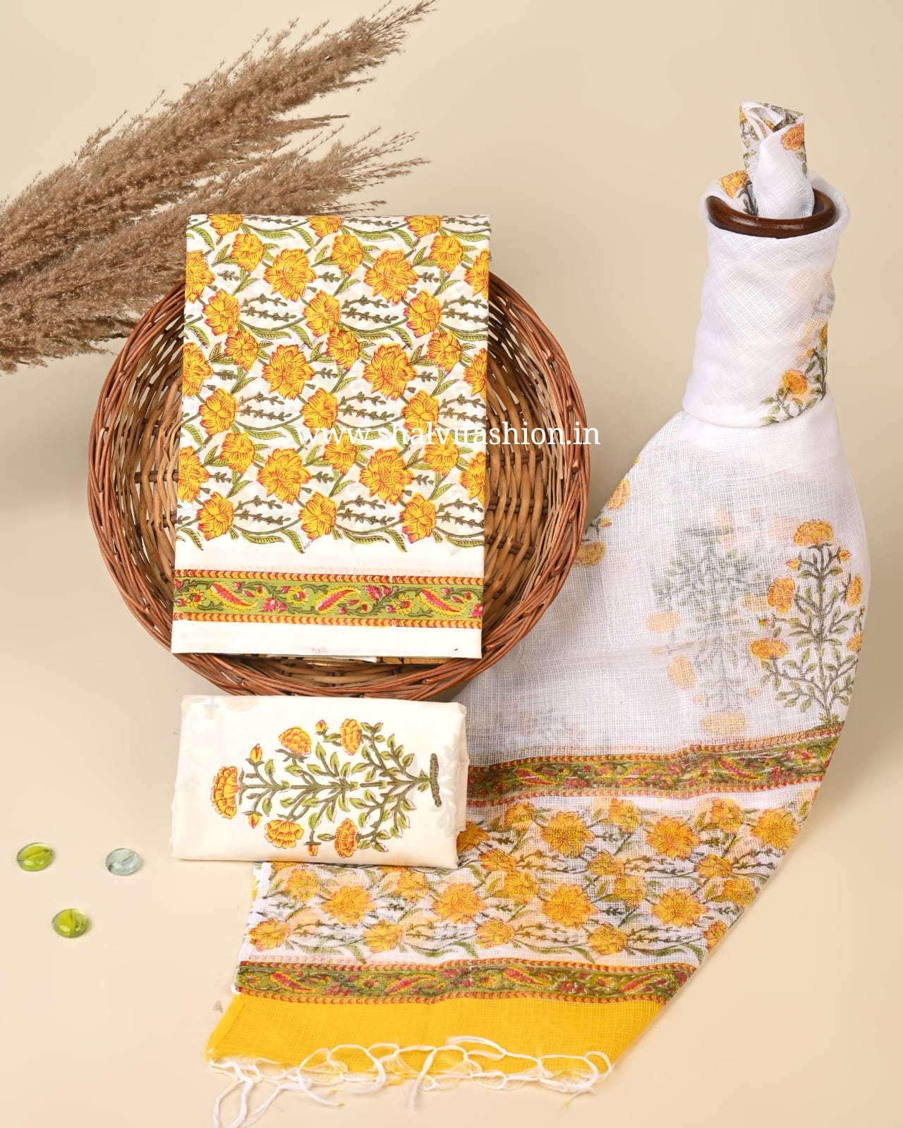 Shop unstitched hand block printed cotton suits with kota dupatta (3CKD775)