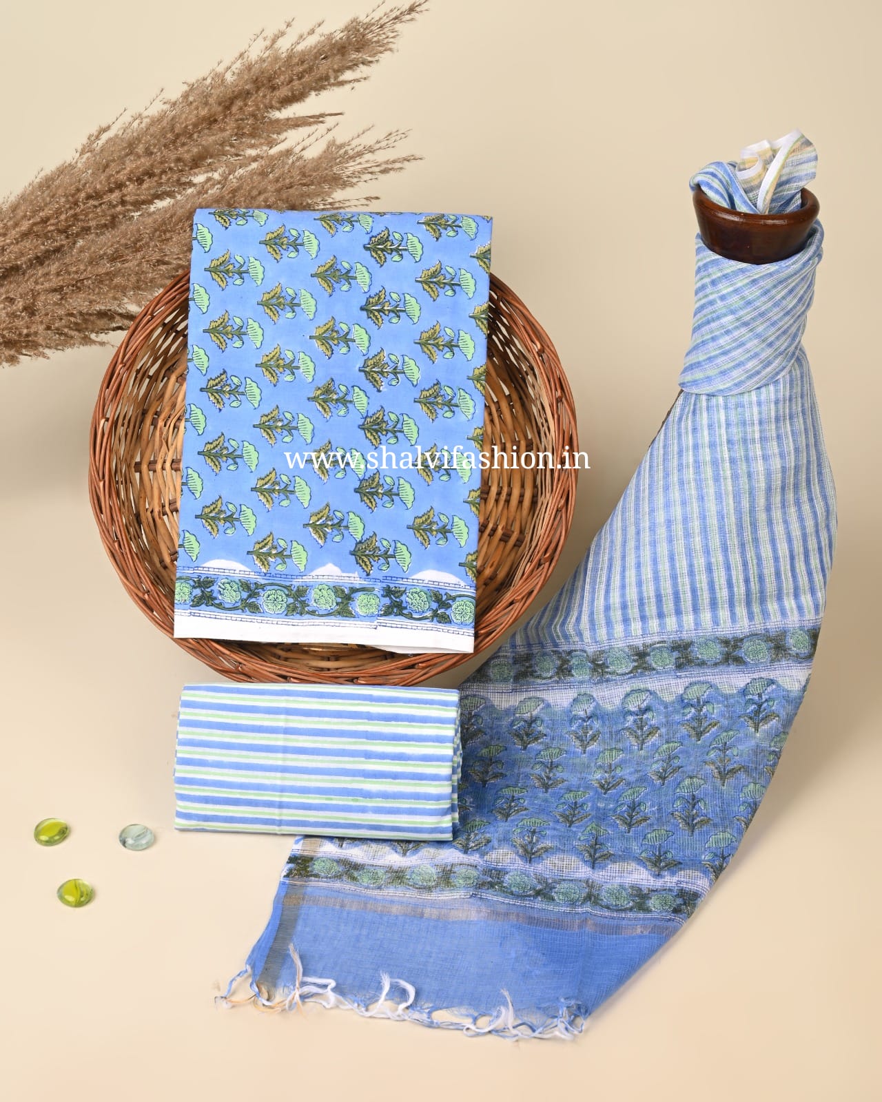 Shop block printed cotton suits with kota dupatta online (3CKD778)