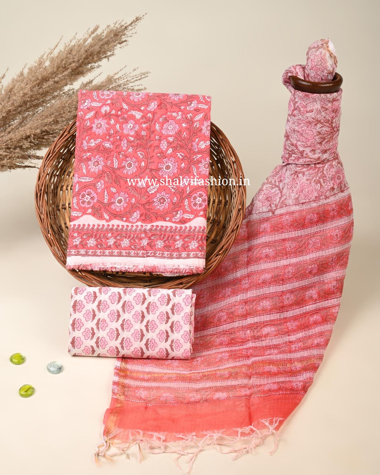 Designer hand Block Print Cotton Suit Set with Kota Doria Dupatta (3CKD784)