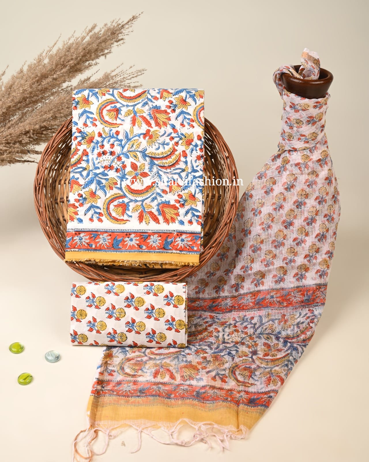 Shop unstitched block print cotton suit sets with doria dupatta (3CKD785)