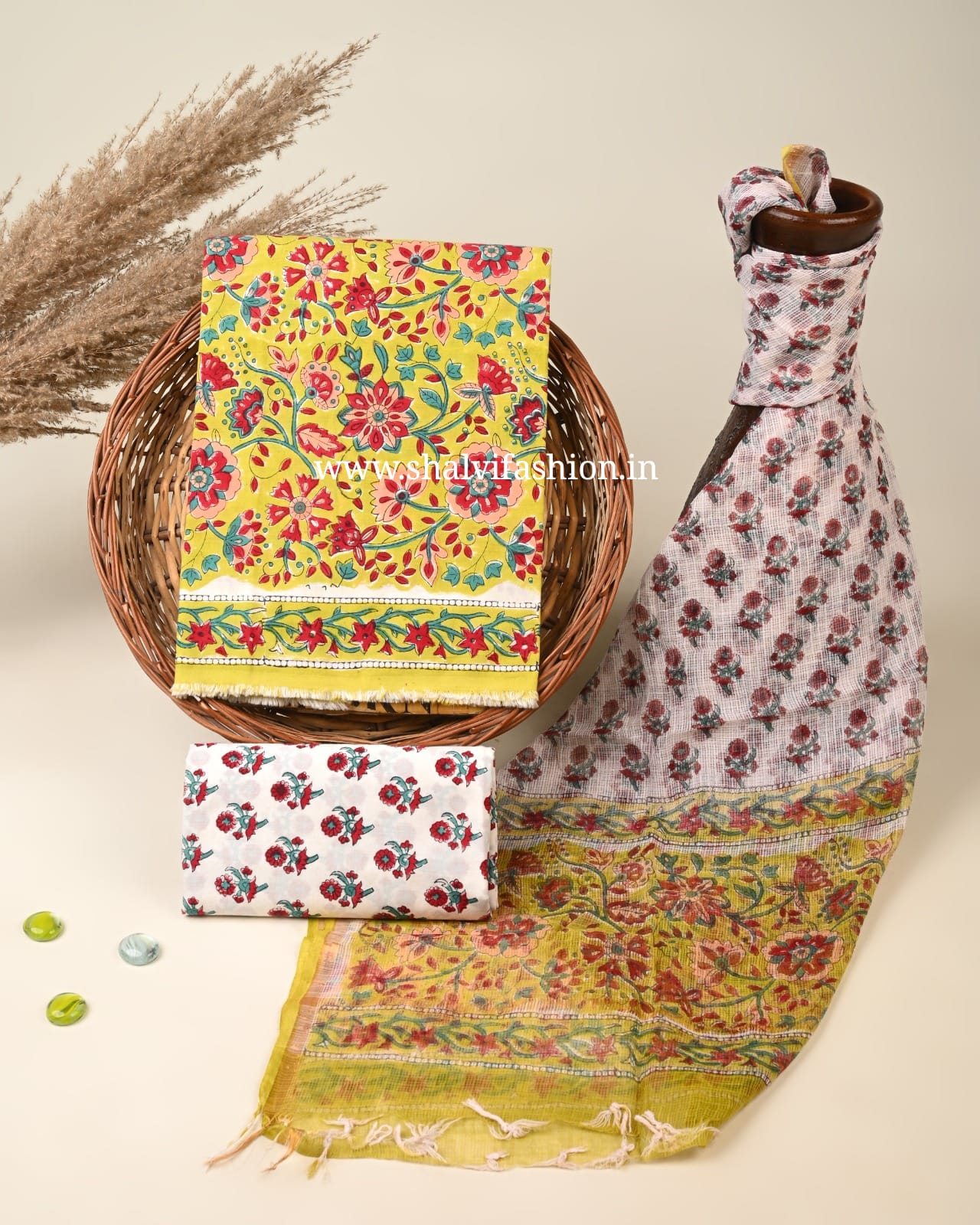 Shop hand block print cotton suits with kota dupatta (3CKD786)