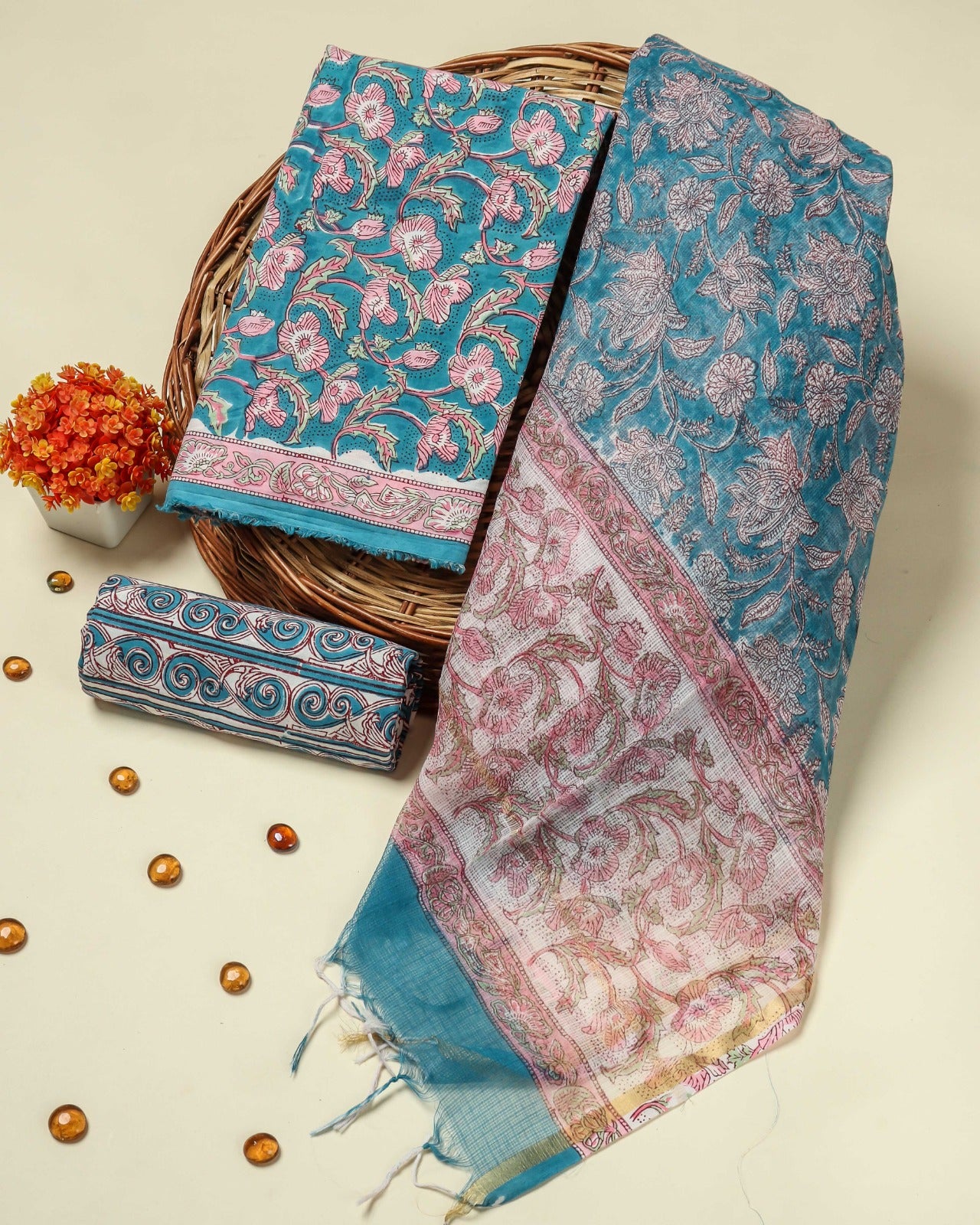 Shop unstitched cotton suit set with kota dupatta (3CKD78)