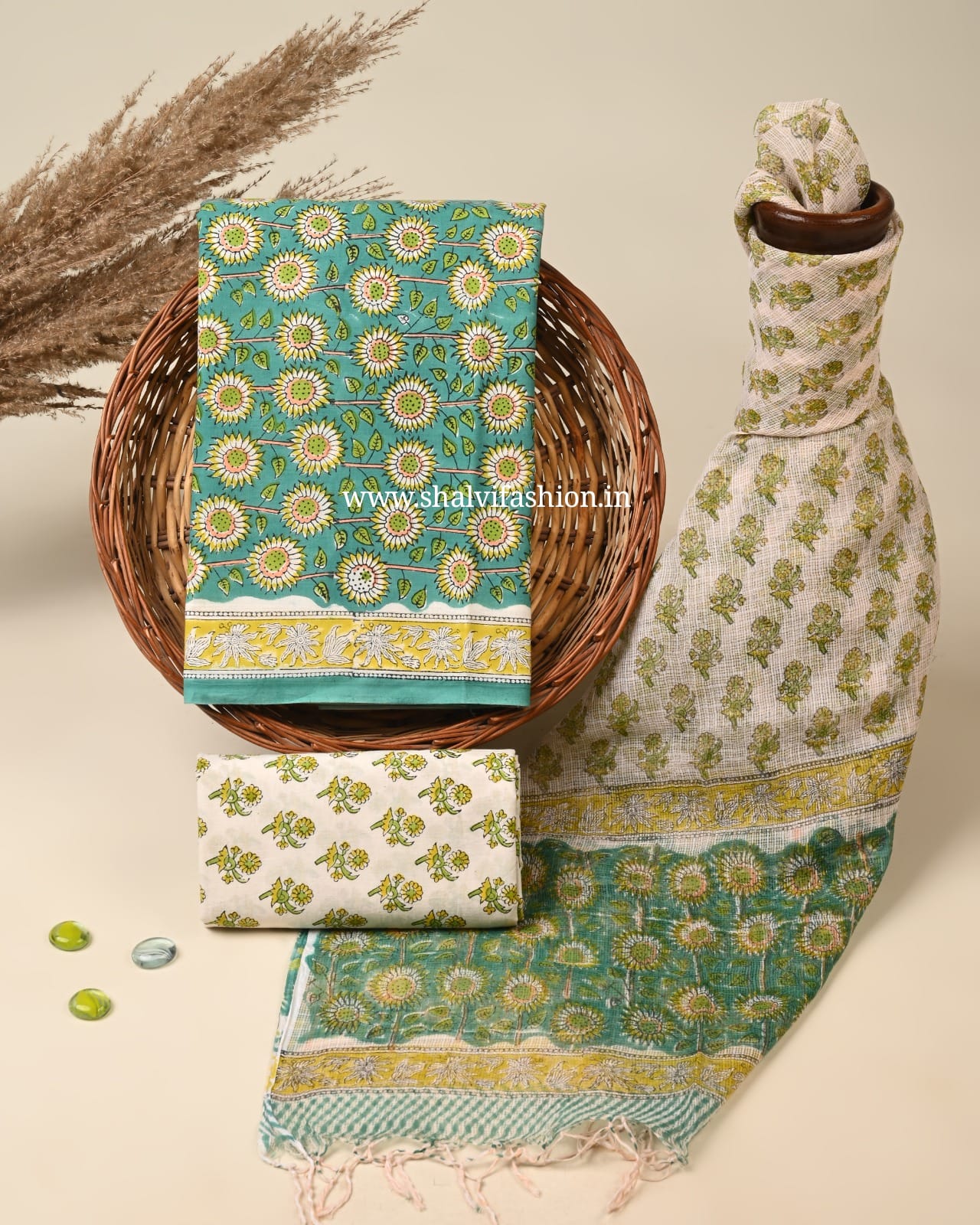 Shop hand block printed cotton suits with kota dupatta (3CKD796)