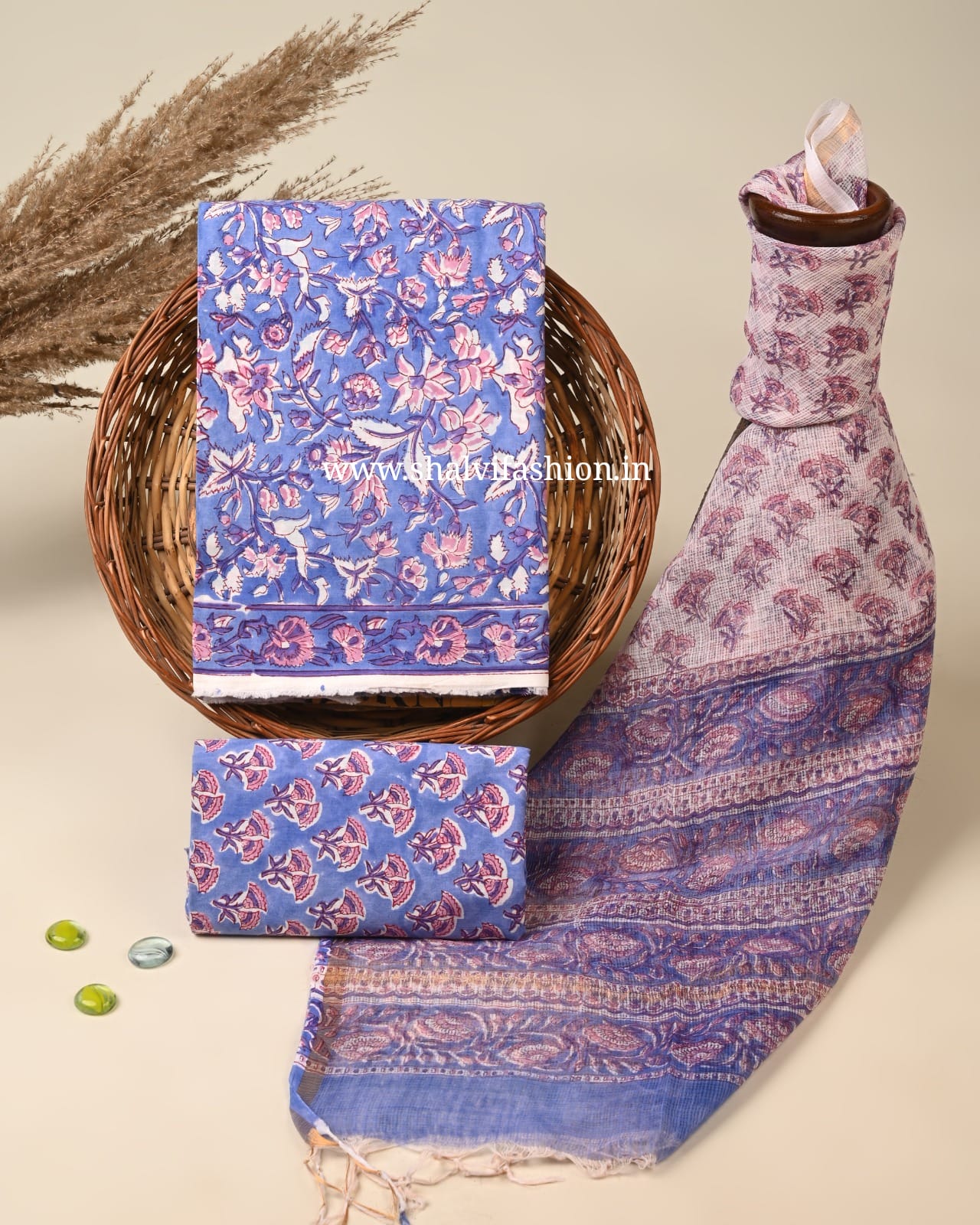 Shop unstitched block printed cotton suits with kota dupatta (3CKD800)