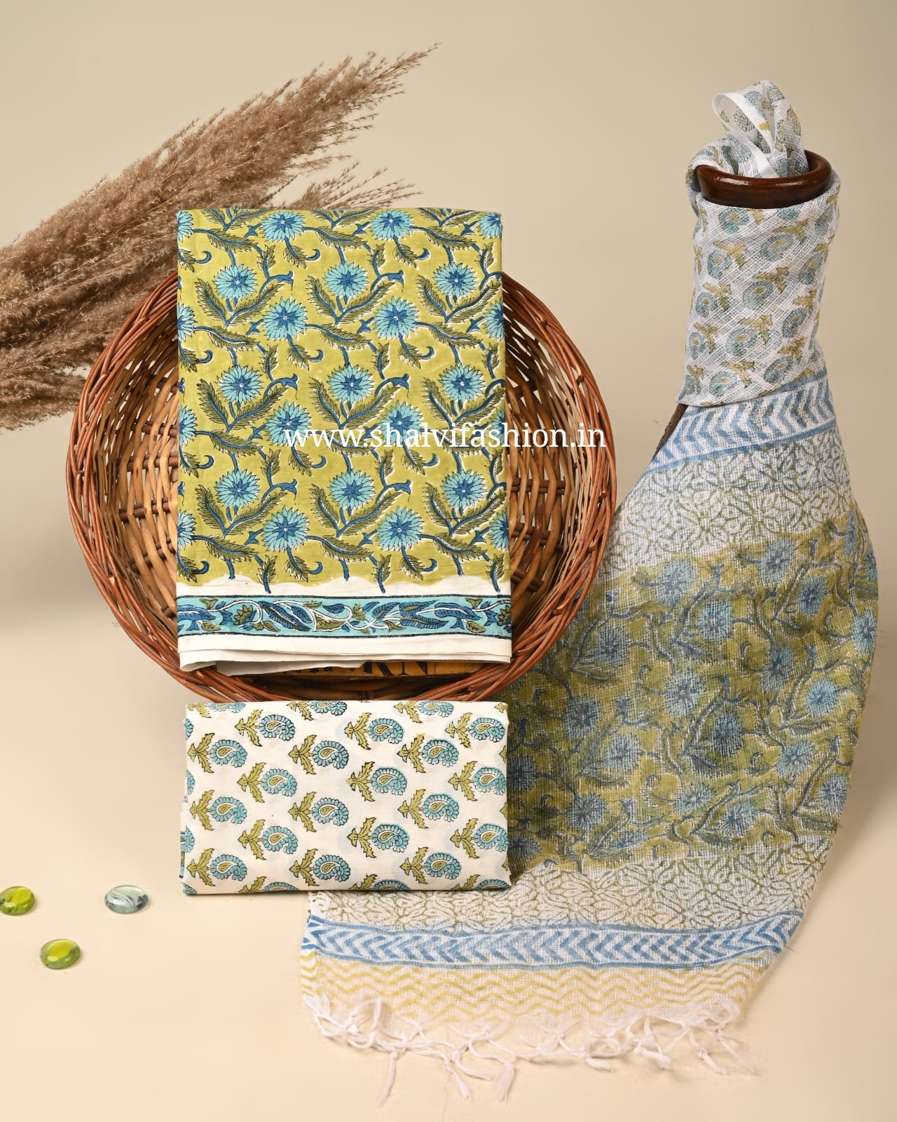 Shop hand block print cotton suits with kota dupatta (3CKD802)