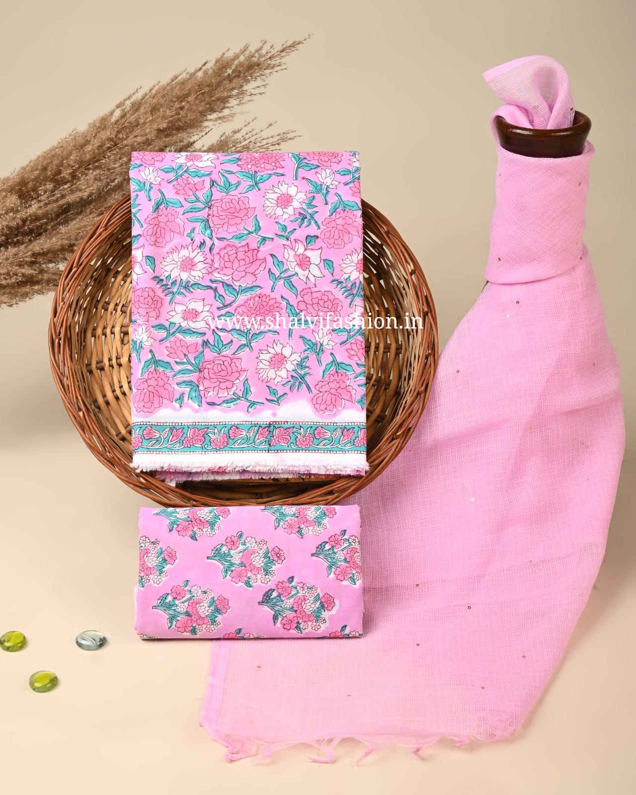 Shop block print cotton suits with doria dupatta (3CKD805)
