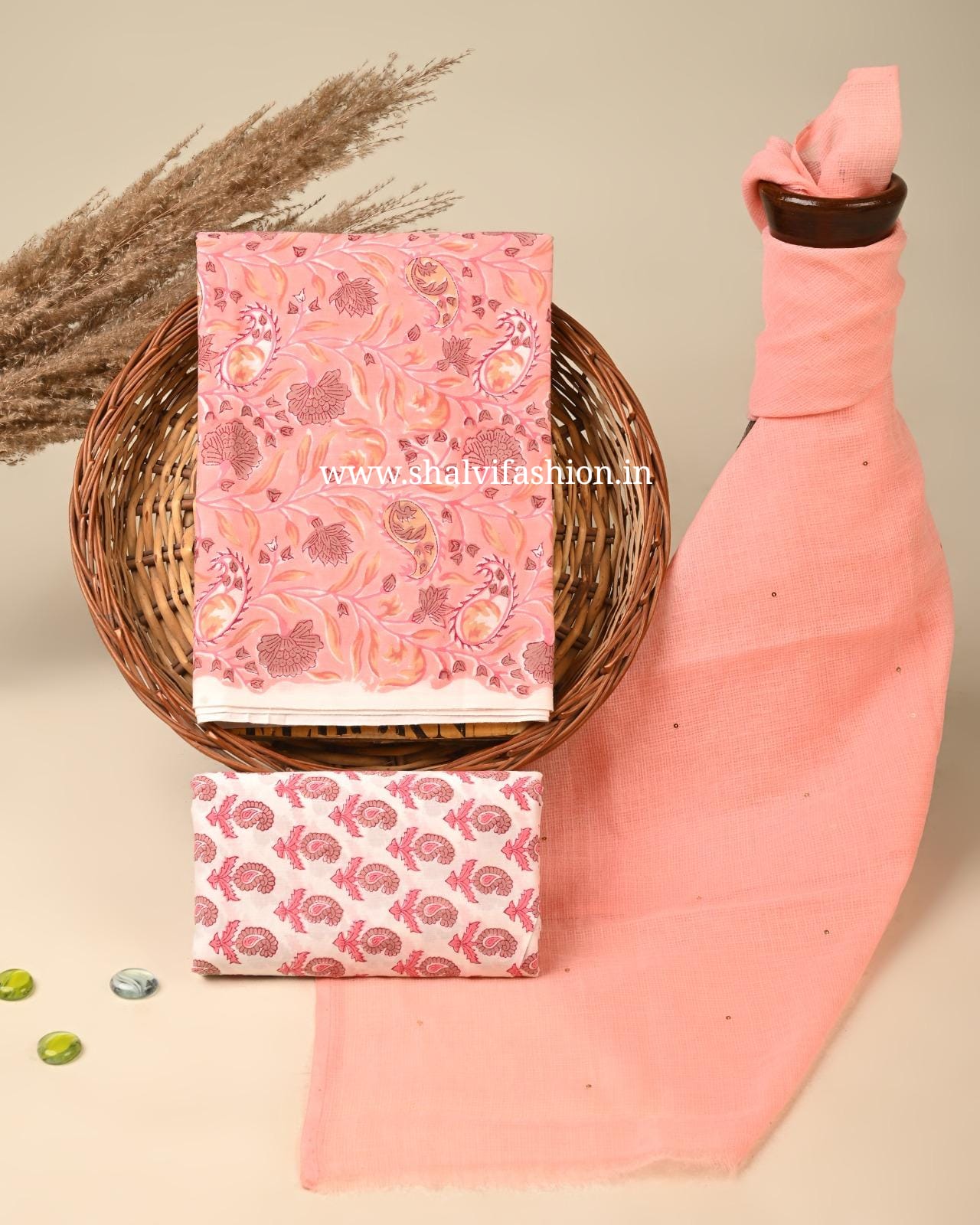 Shop unstitched block print cotton suits with kota dupatta (3CKD808)