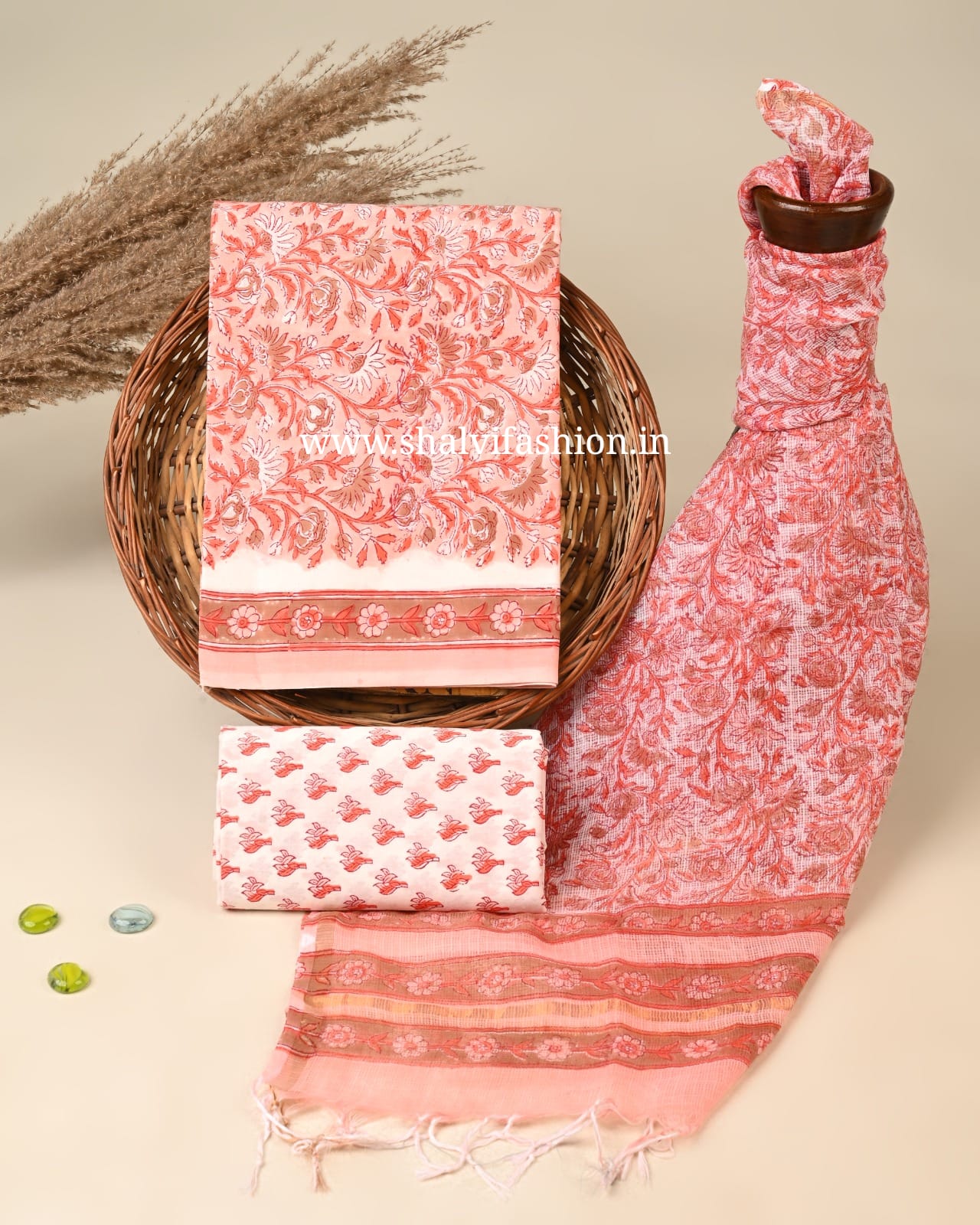 Shop unstitched block printed cotton suits sets with kota dupatta (3CKD823)