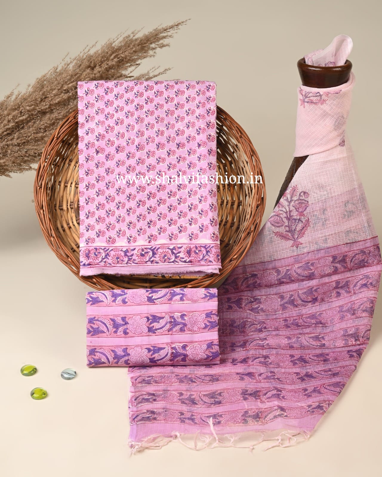 Shop hand block printed cotton suits with kota dupatta (3CKD830)