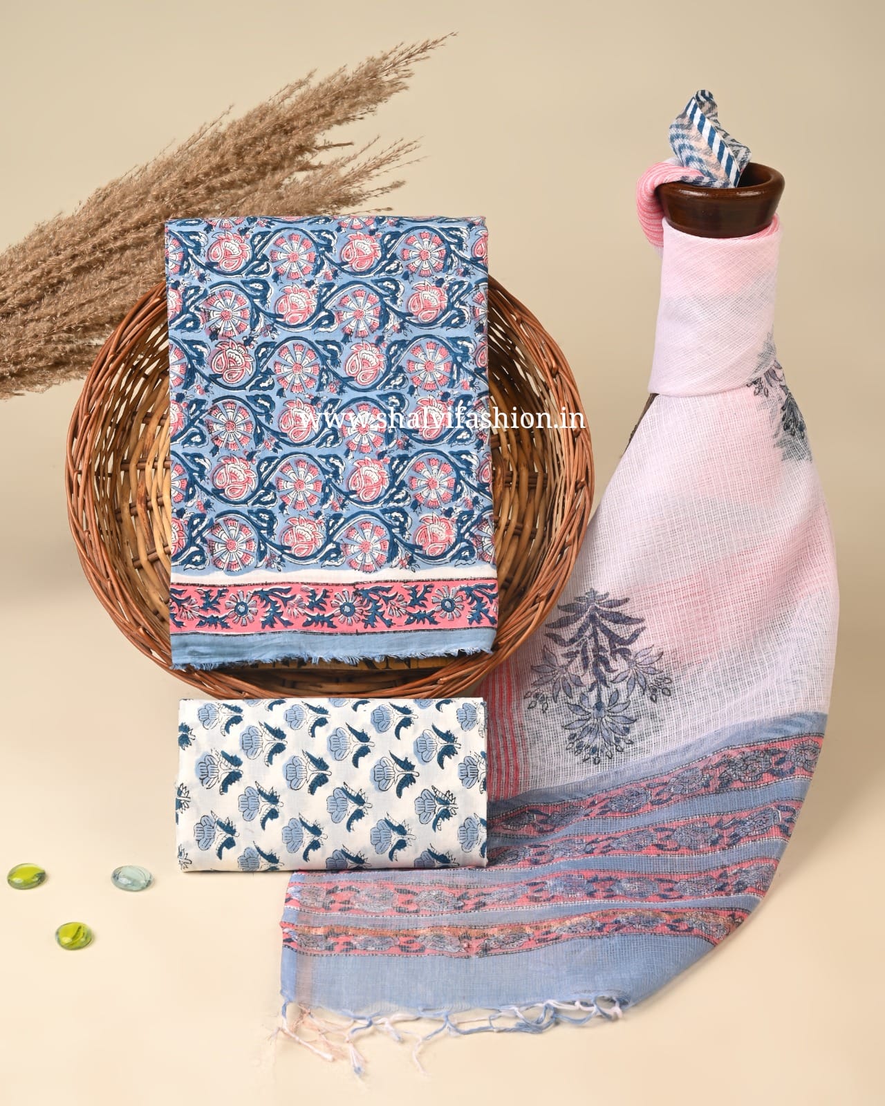 Shop unstitched block print cotton suits with kota dupatta (3CKD847)