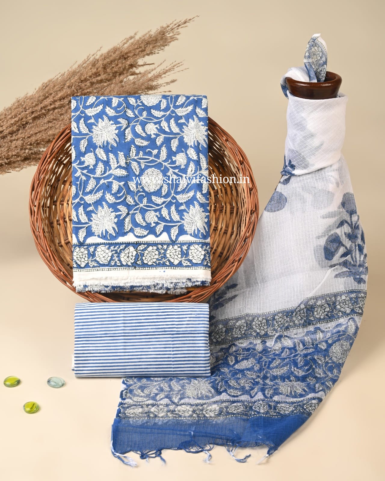 Shop hand block printed cotton suits with kota dupatta (3CKD848)