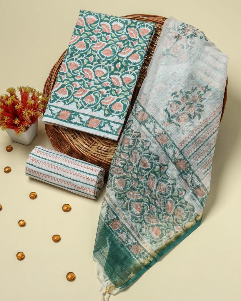 Shop block print cotton suit set kota dupatta