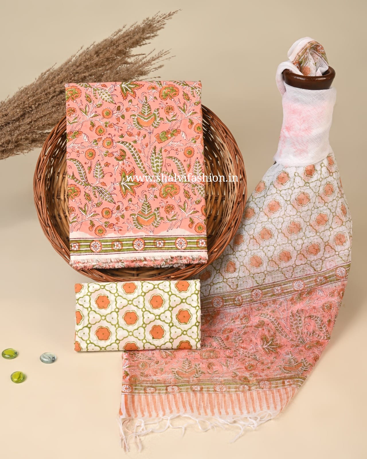 Shop unstitched block print cotton suits with kota dupatta (3CKD858)