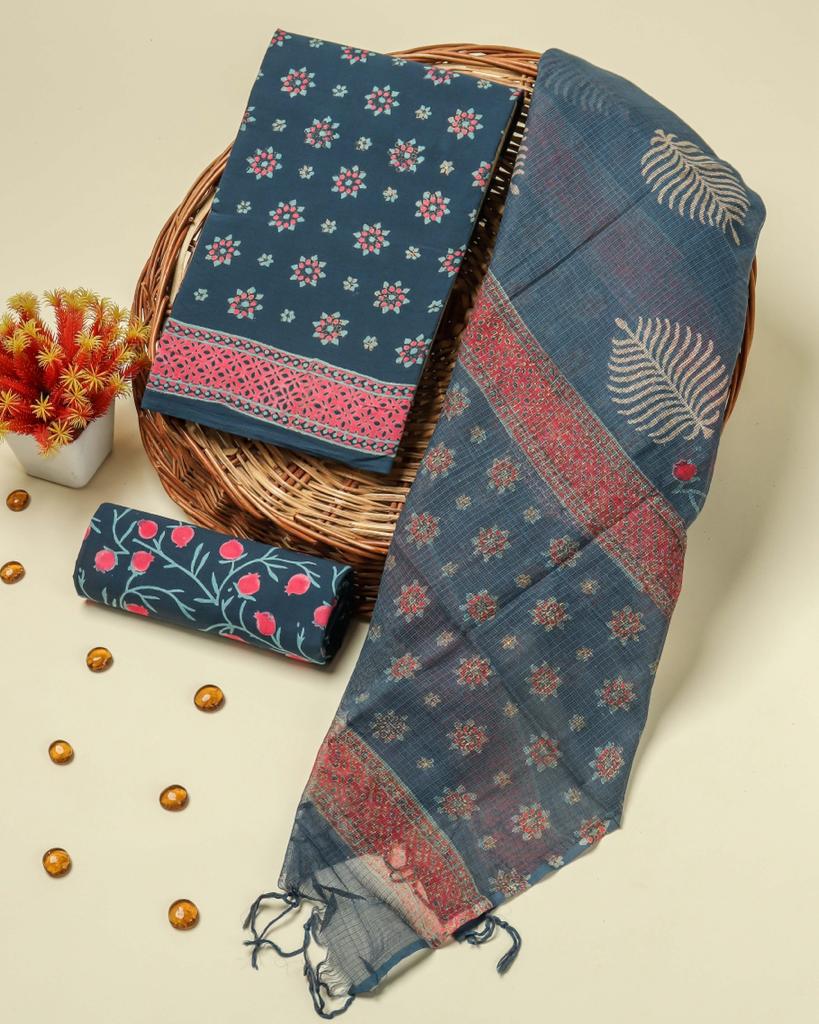 Shop hand block print cotton suit set with kota doria dupatta (3CKD85)