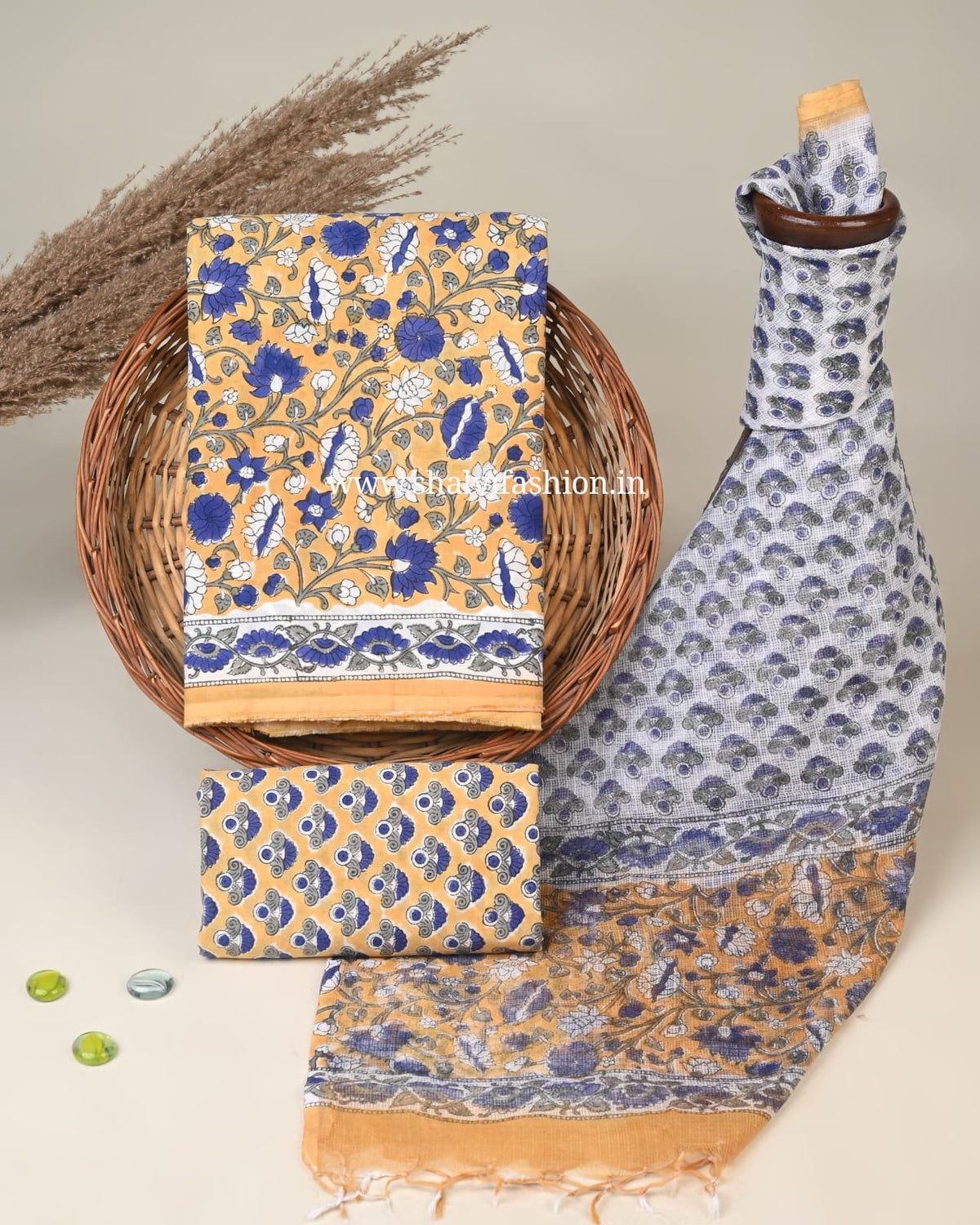 Shop unstitched hand block print cotton suits (3CKD878)