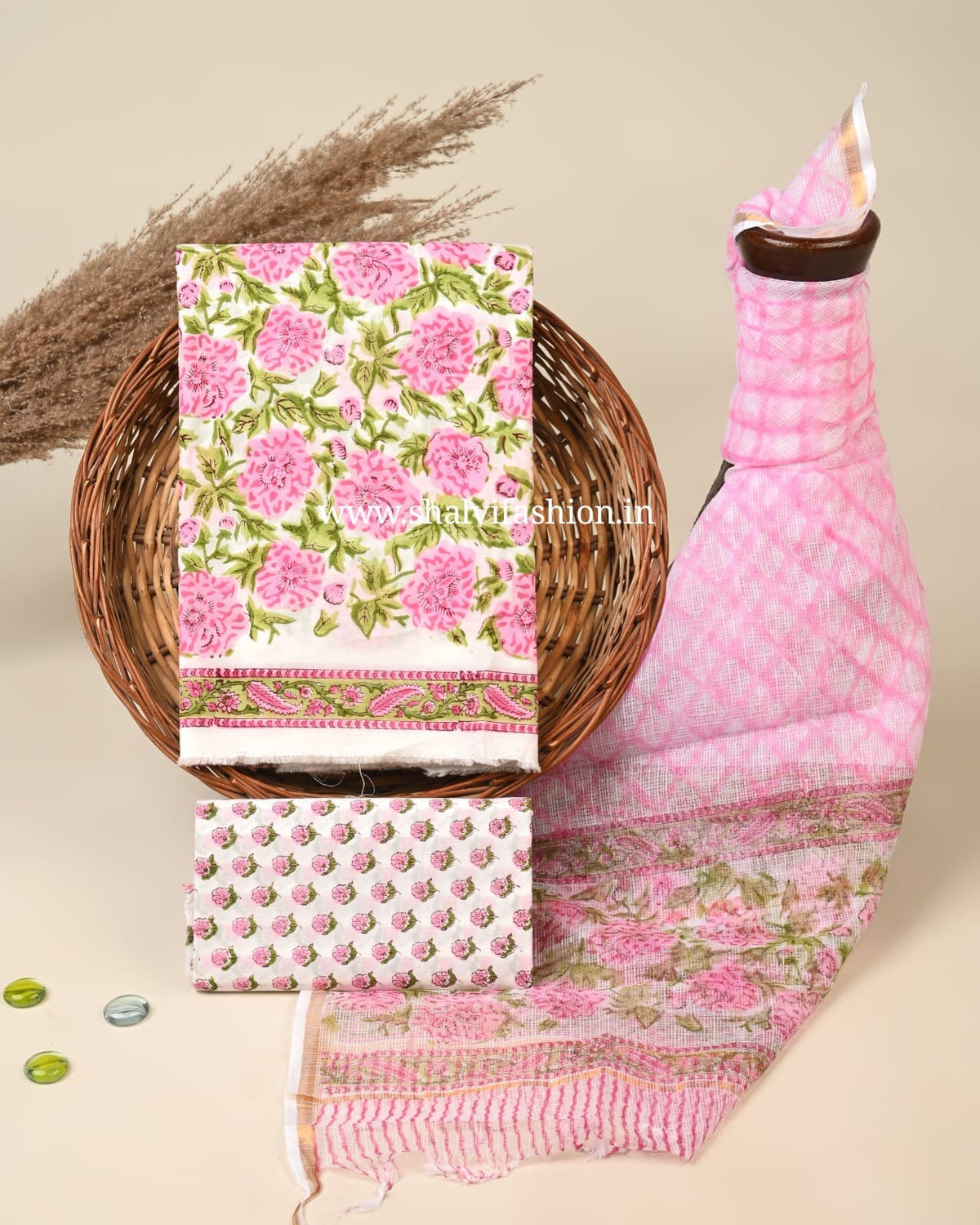 Shop unstitched block print cotton suits with kota dupatta (3CKD891)