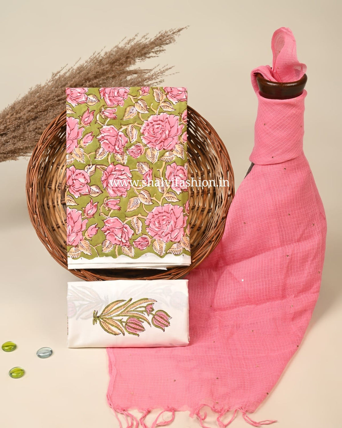 Shop unstitched block printed kota dupatta cotton suits (3CKD897)