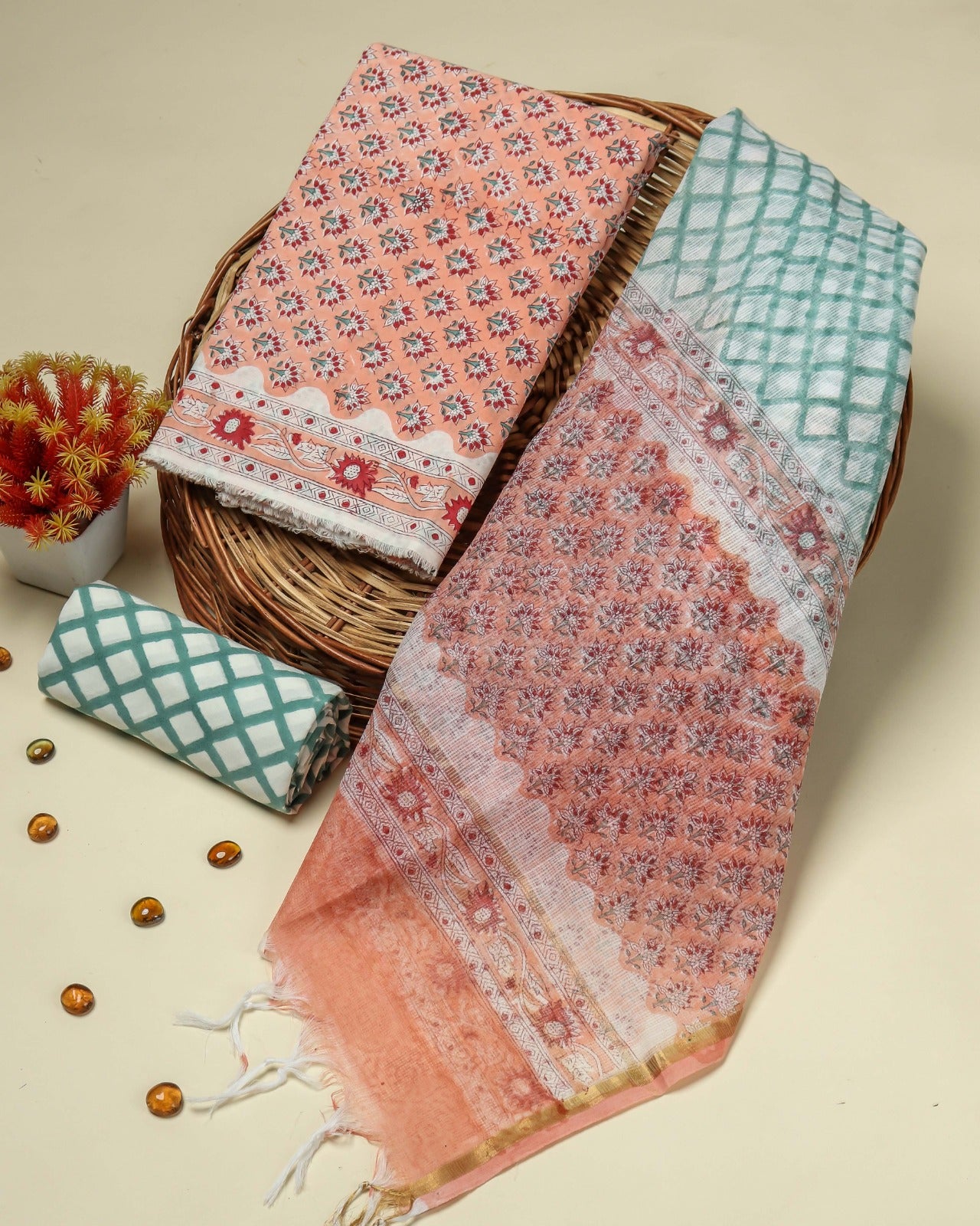 Shop hand block print cotton suits with kota dupatta (3CKD96)