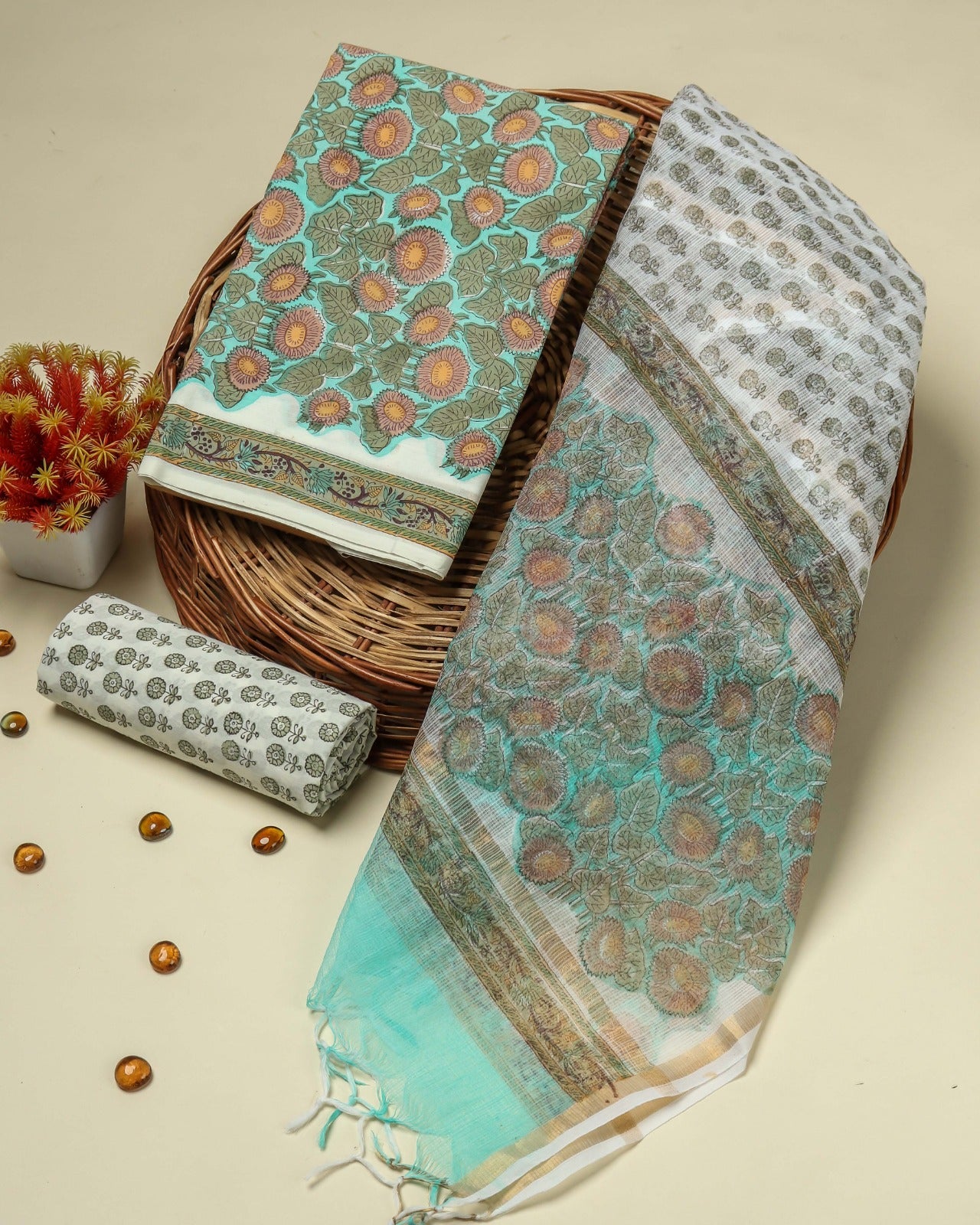 Floral Jaal Print Cotton Suit Set with Kota Doria Dupatta (3CKD98)