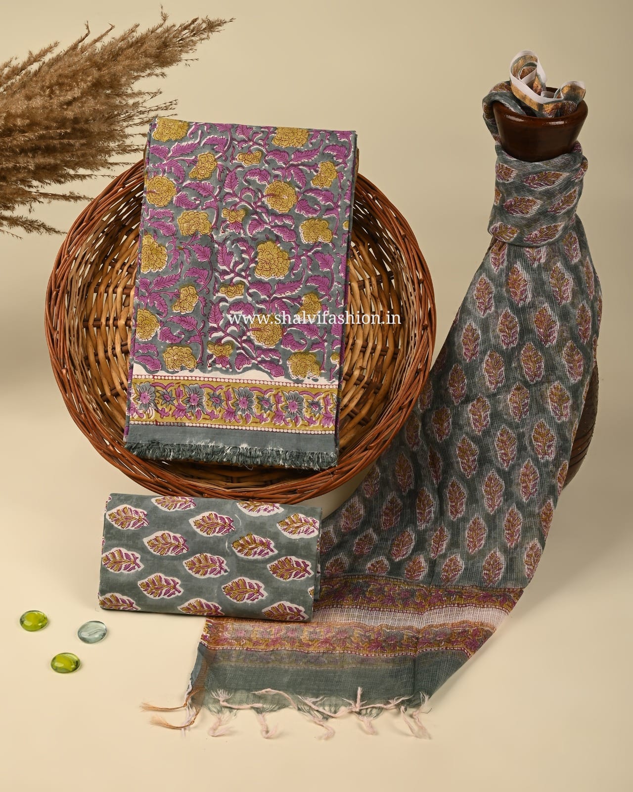 Shop hand block printed kota dupatta cotton suits (3CKD316)