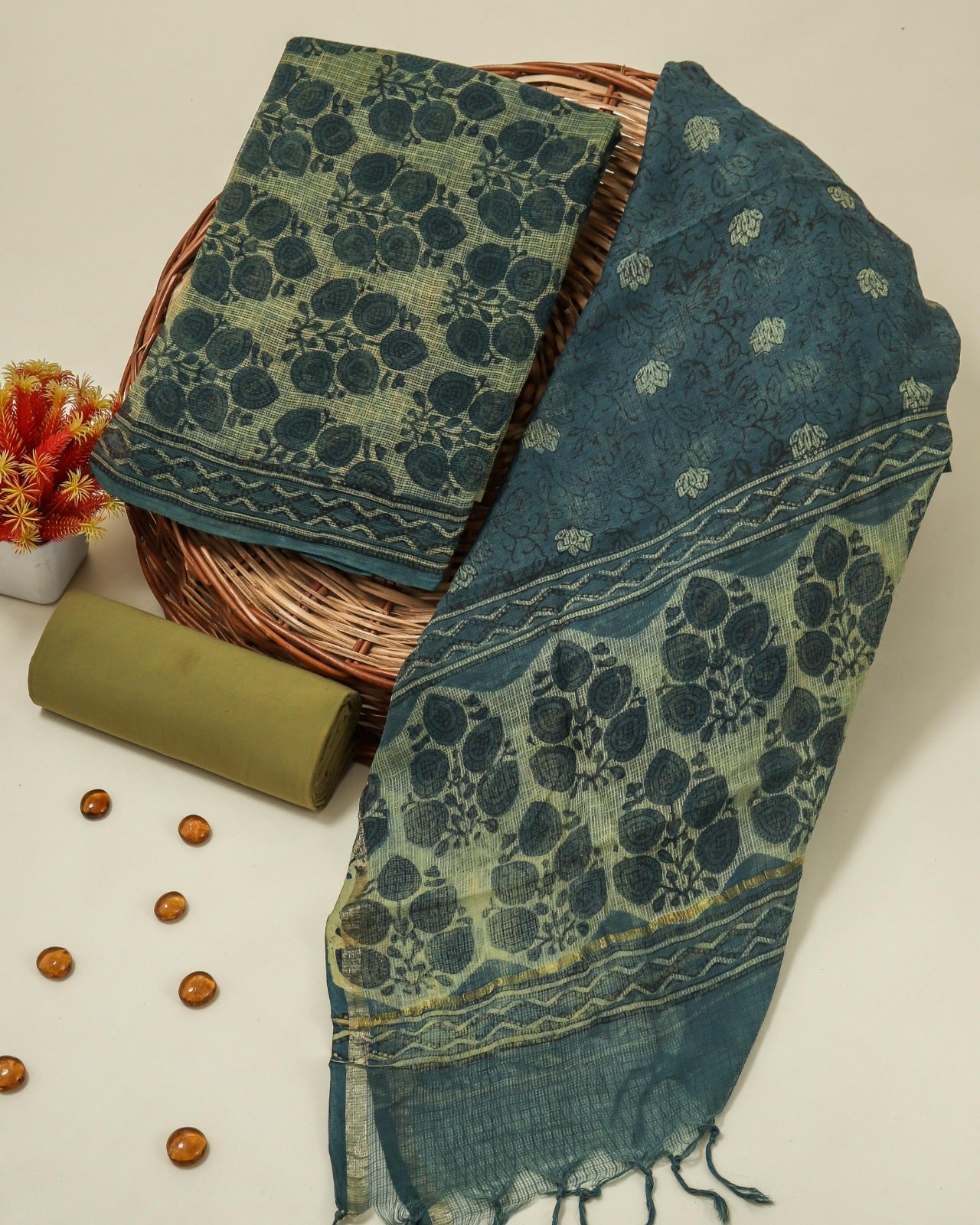 Shop unstitched hand block print kota doria suits online shopping (3KD105)