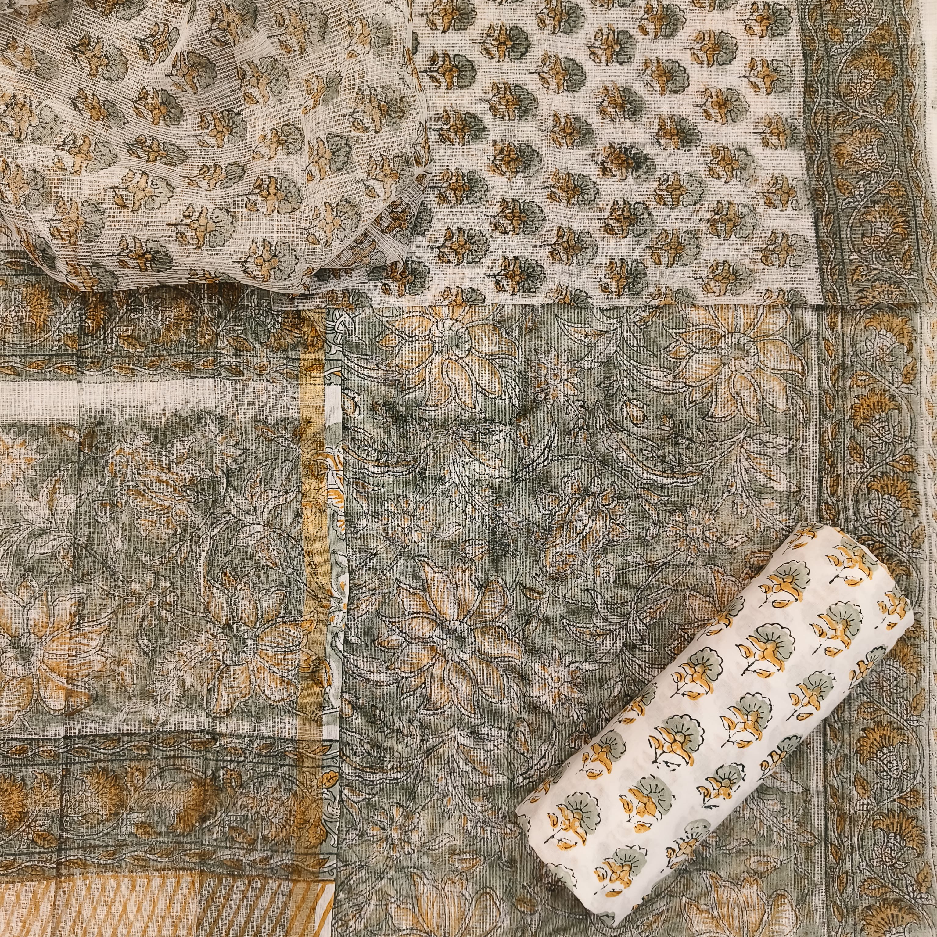 Shop Unstitched Block Print Premium Kota Doria Suits
