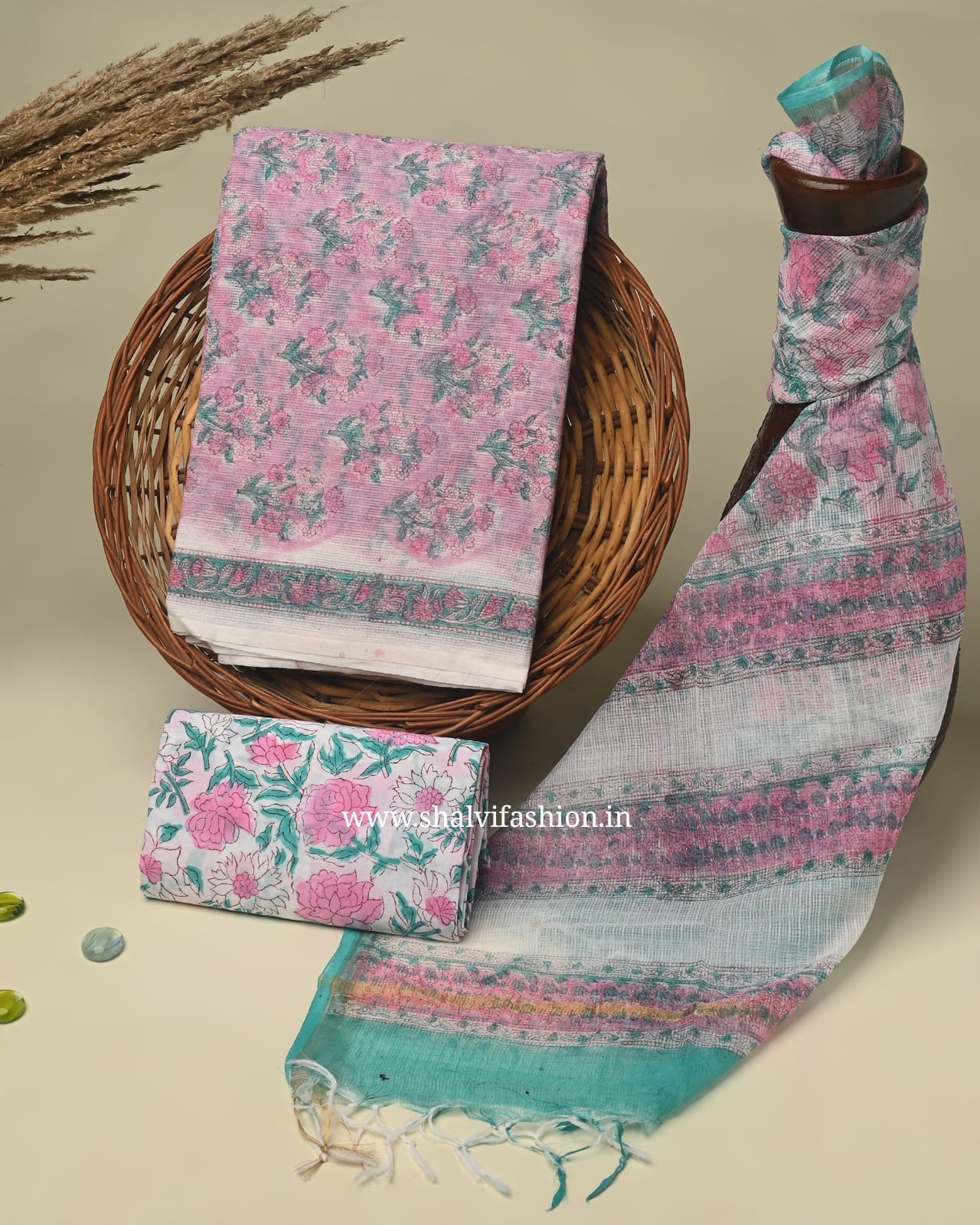 Designer Hand block Print Kota Doria Suit Set (3KD145)