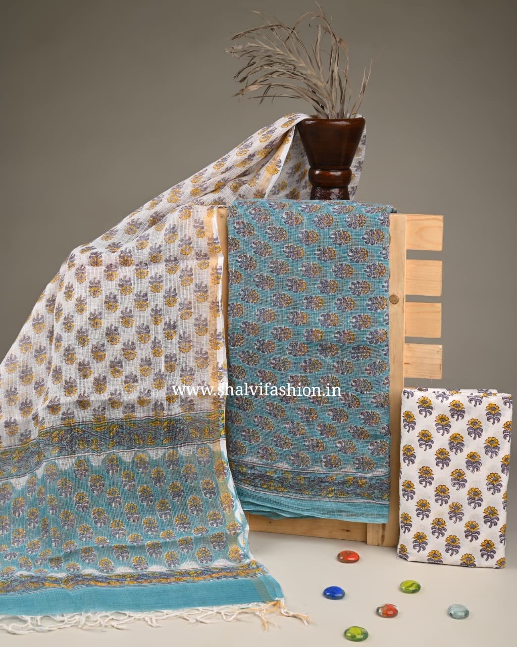 Shop block printed kota doria suits online (3KD194)