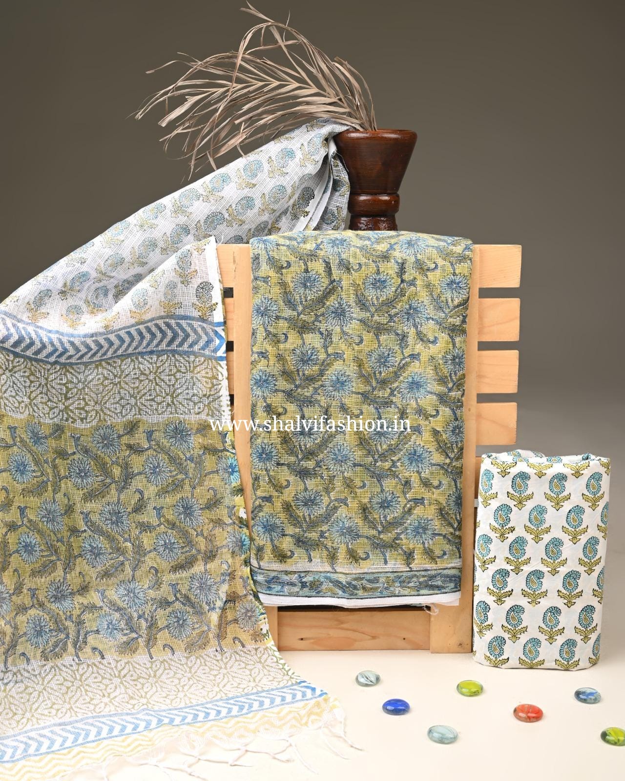 Shop block printed kota doria suits online (3KD312)