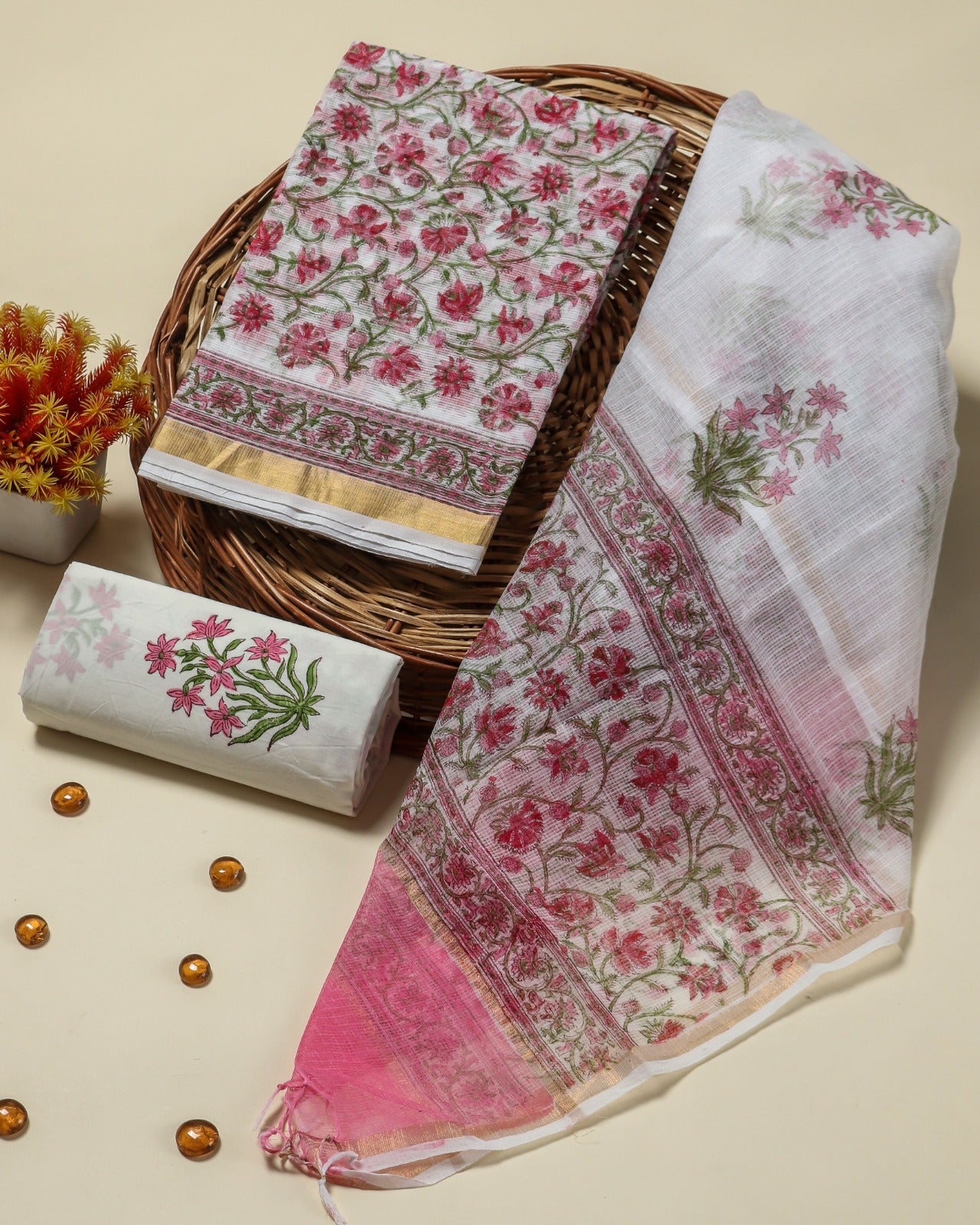 Shop unstitched hand block print kota doria suit sets (3KD66)