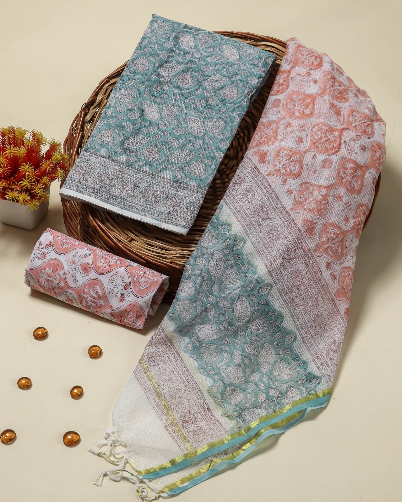 Shop traditioanal hand block print kota doria suit sets (3KD70)