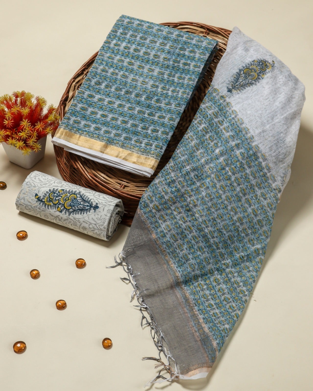 Shop unstitched block print kota doria suit sets (3KD71)