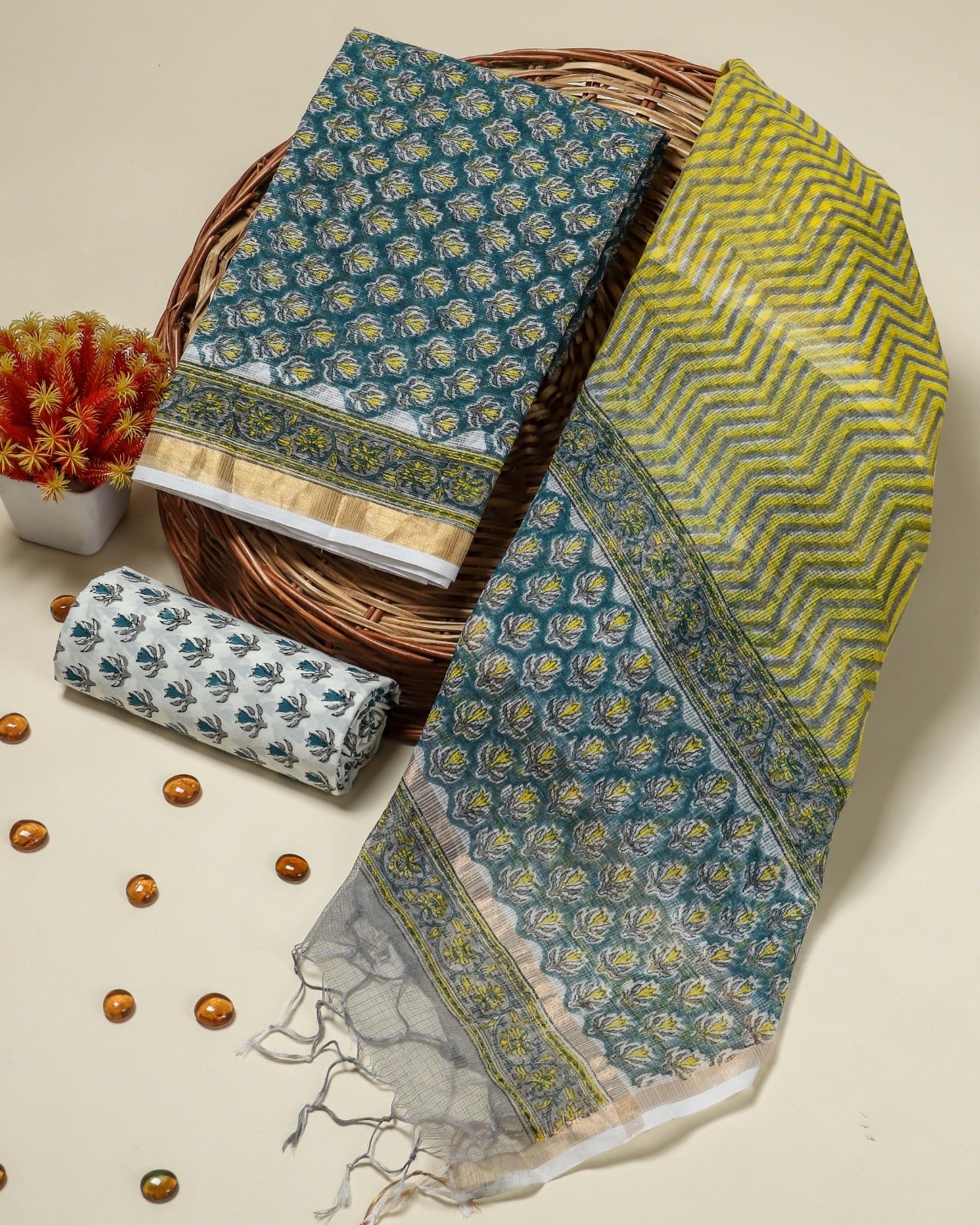 Shop traditional hand block print kota doria suit sets (3KD72)