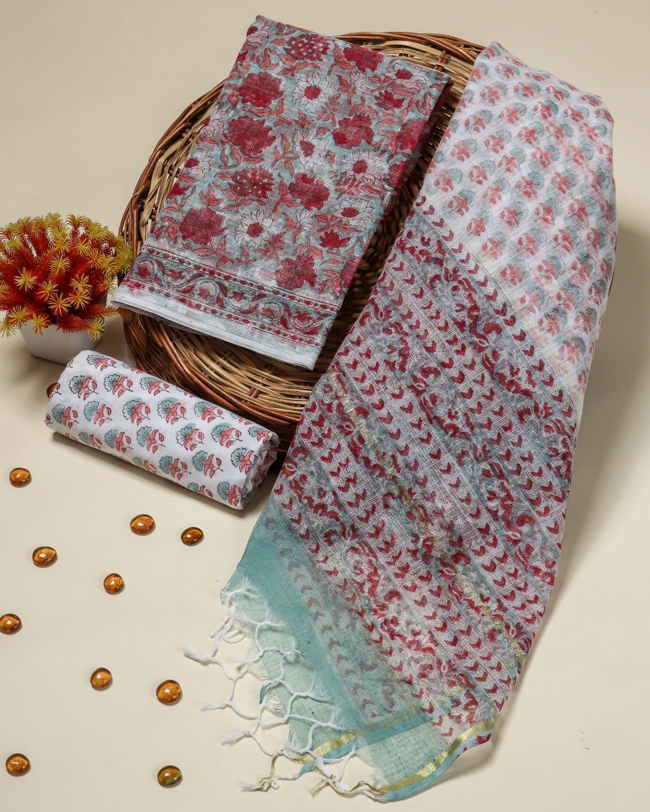 Shop unstitched block print kota doria suits online shopping (3KD74)