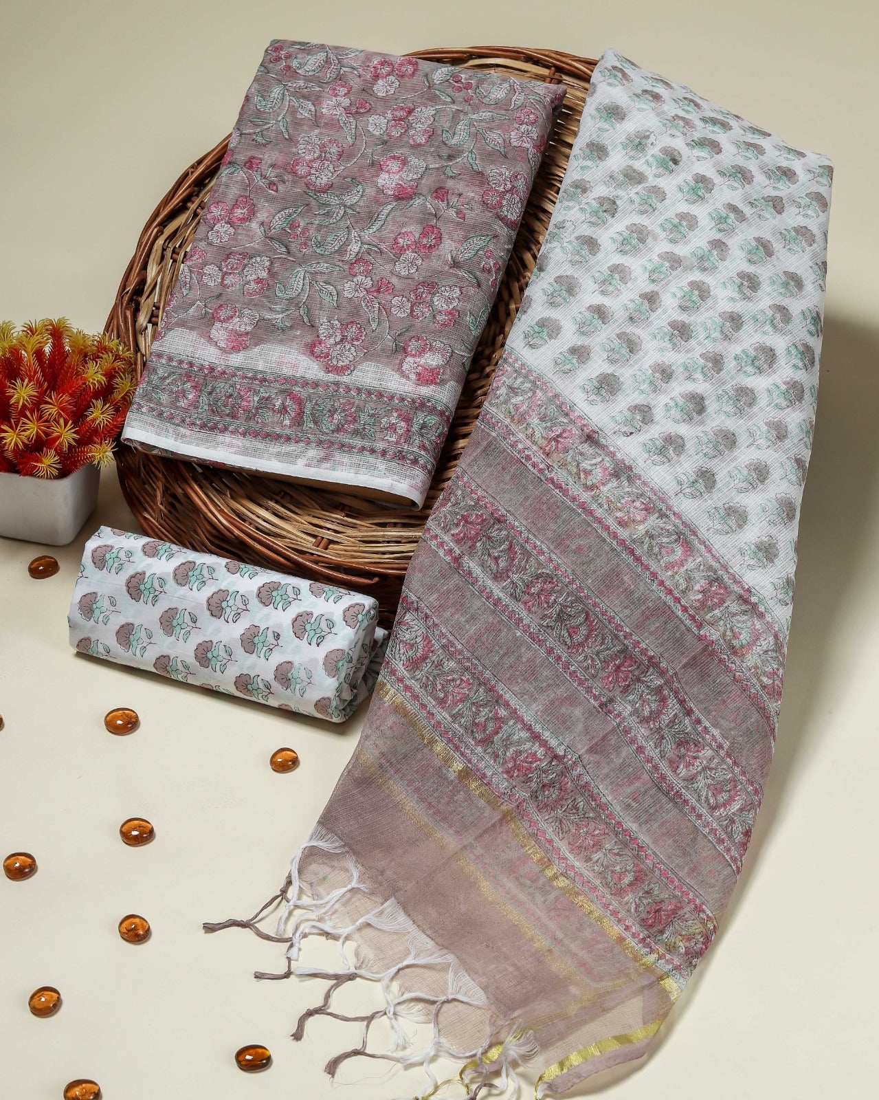 Shop unstitched block print kota doria suit sets (3KD80)