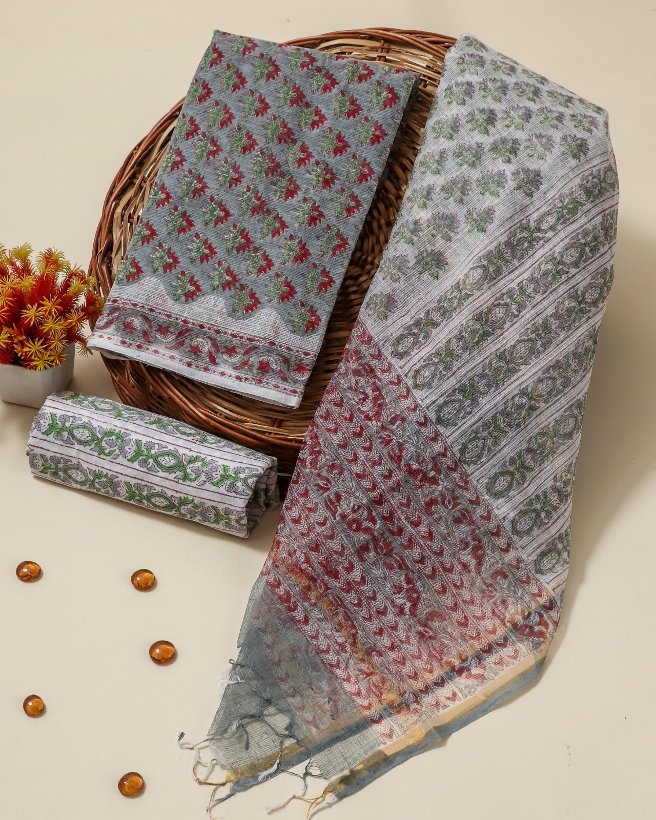 Shop unstitched hand block print kota doria suits (3KD87)