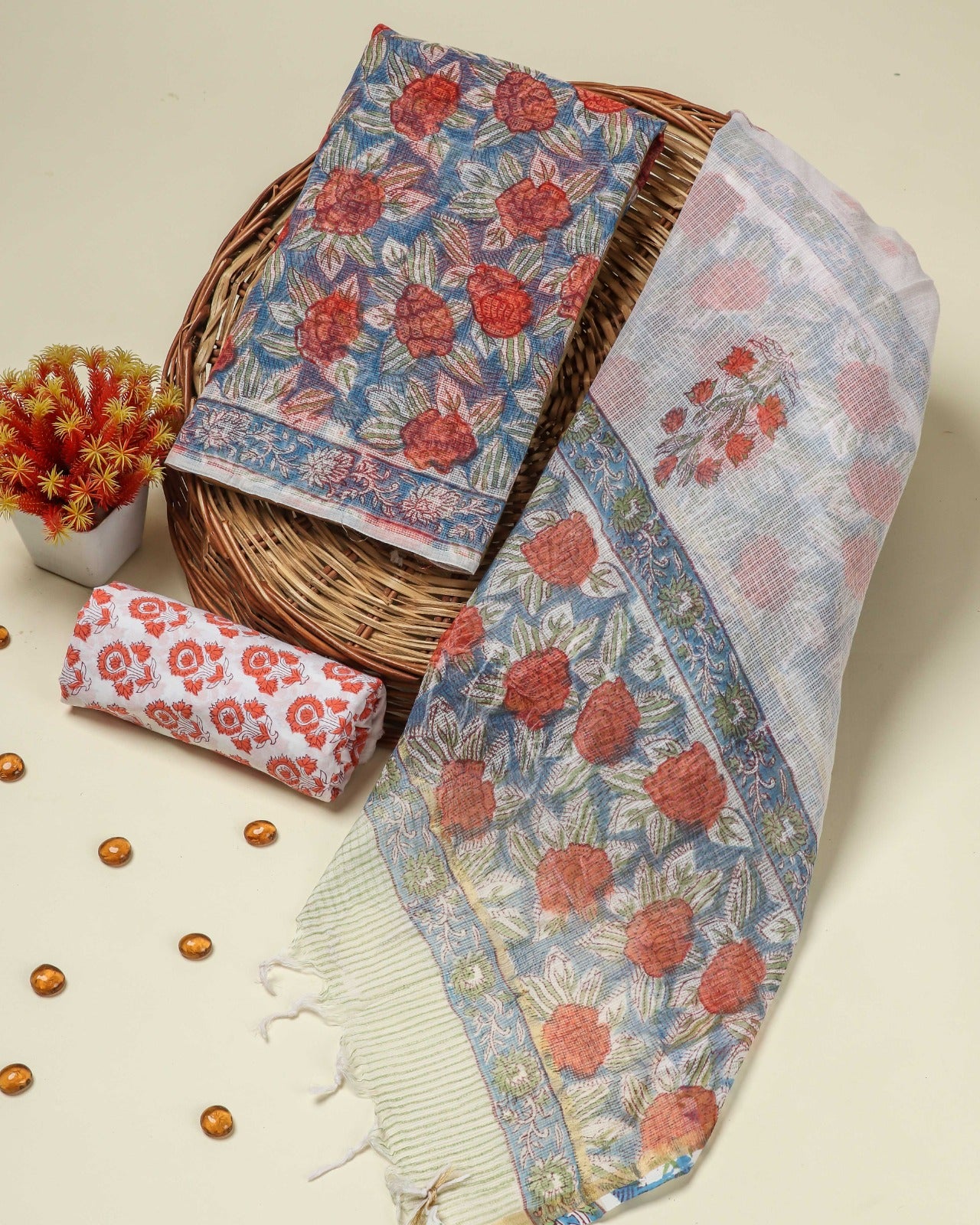 Shop unstitched block printed kota doria suits online (3KD91)