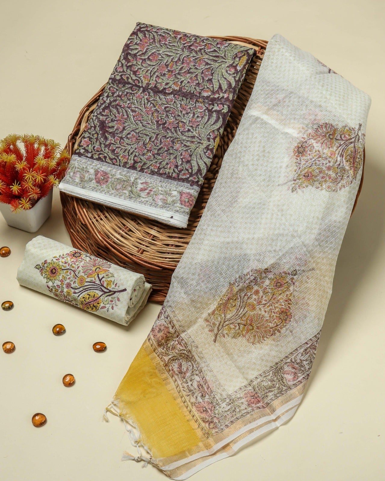 Shop unstitched hand block printed kota doria suits online (3KD98)