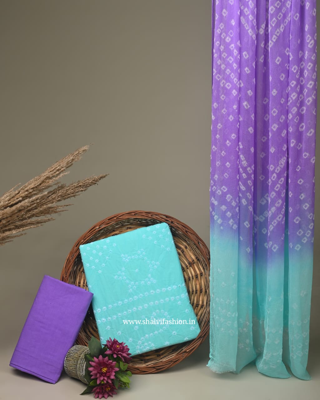 Shop jaipuri bandhani printed cotton suits with chiffon dupatta (BAS11)