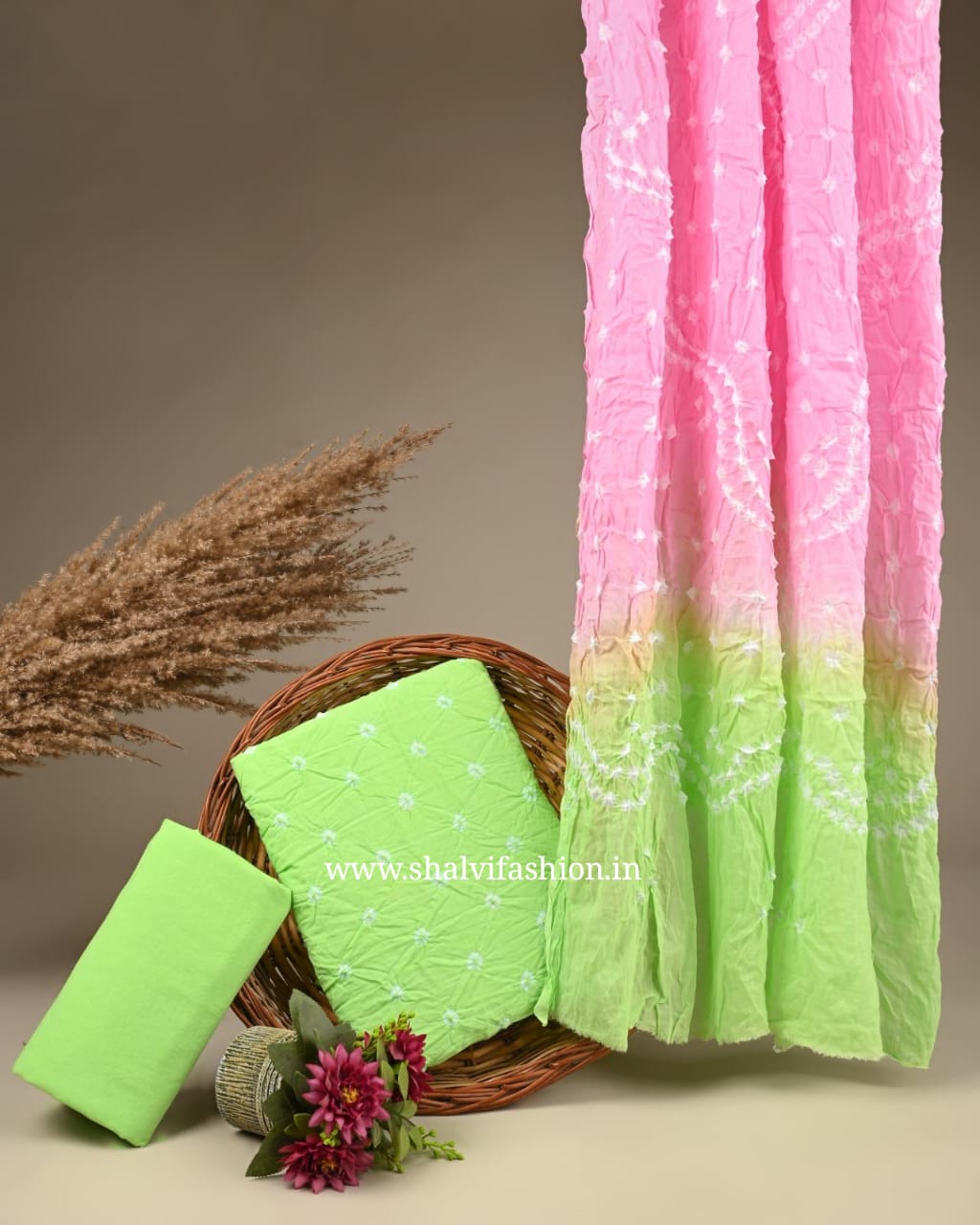 Shop unstitched bandhani printed cotton suits with mulmul dupatta (BAS36)
