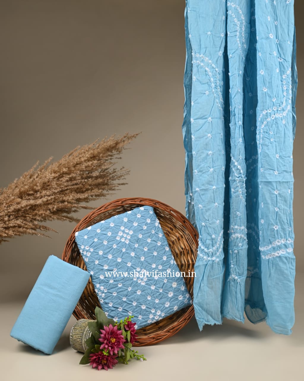 Shop bandhani printed cotton suits with cotton dupatta online (BAS41)