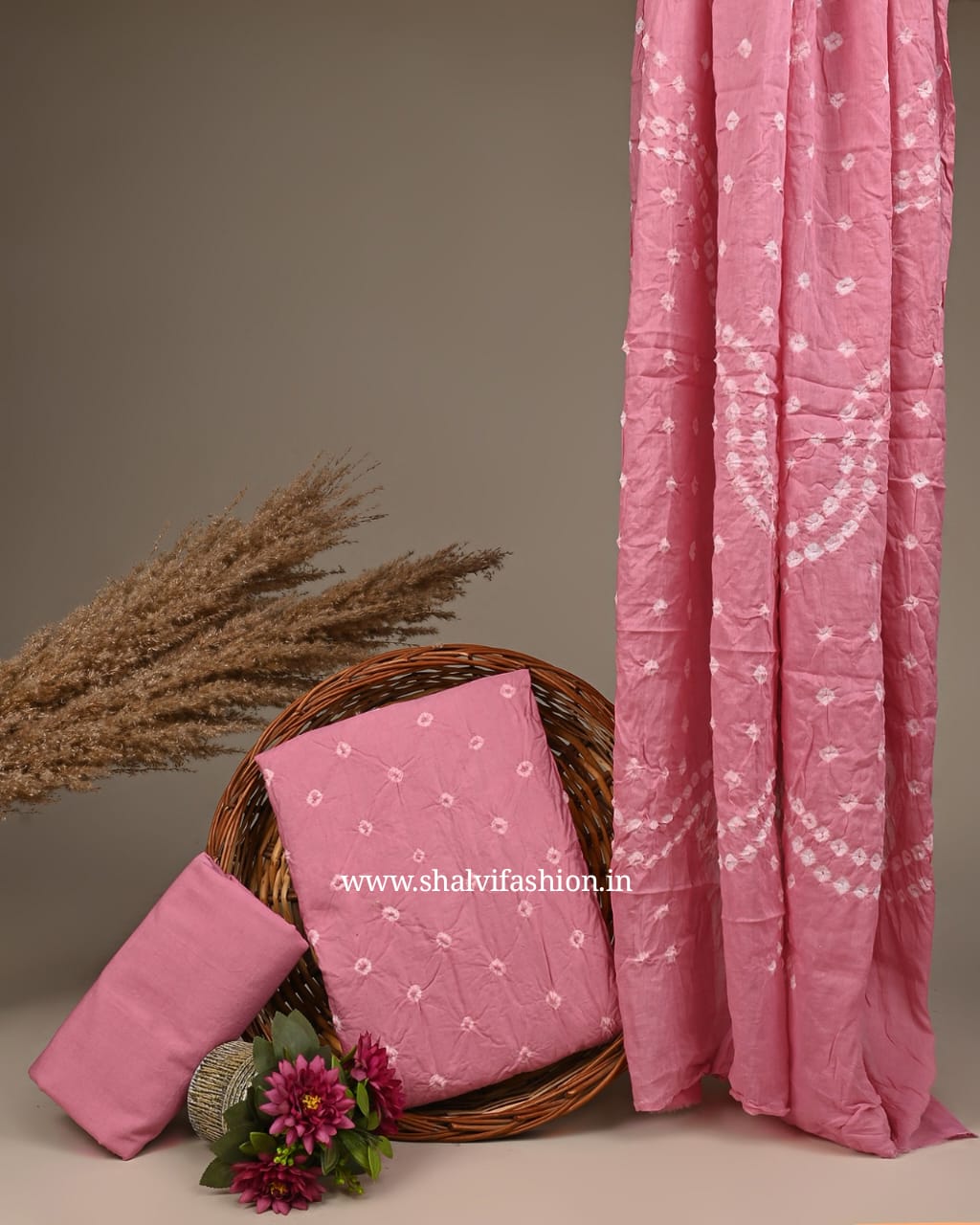 Shop bandhani print cotton suits with mulmul dupatta (BAS44)
